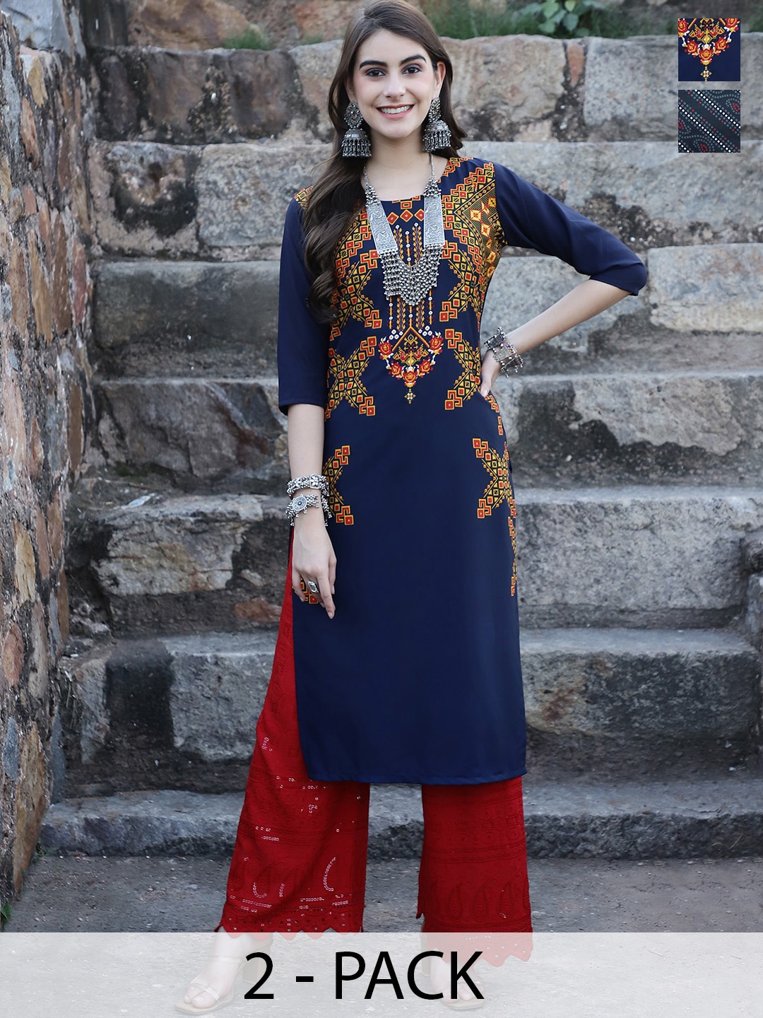 

7Threads Selection Of 2 Printed Round Neck Crepe Straight Kurta, Navy blue