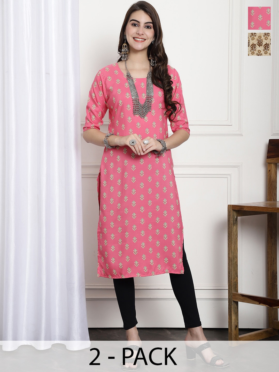 

7Threads Selection Of 2 Printed Round Neck Kurtas, Pink