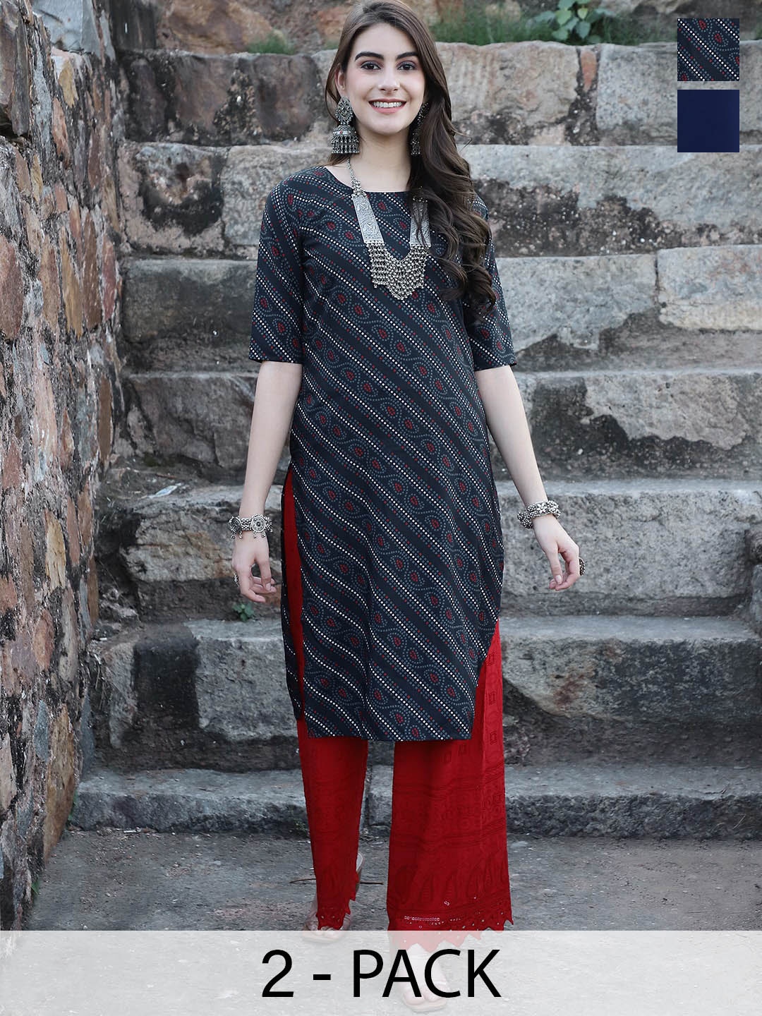 

7Threads Selection Of 2 Ethnic Motifs Printed Straight Crepe Kurtas, Navy blue