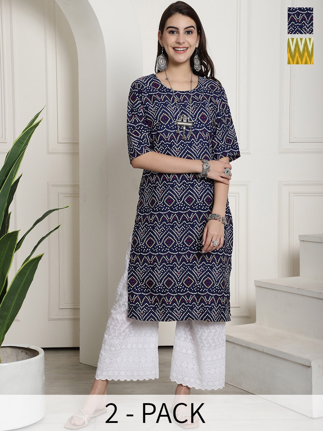 

7Threads Selection Of 2 Printed Crepe Kurta, Navy blue