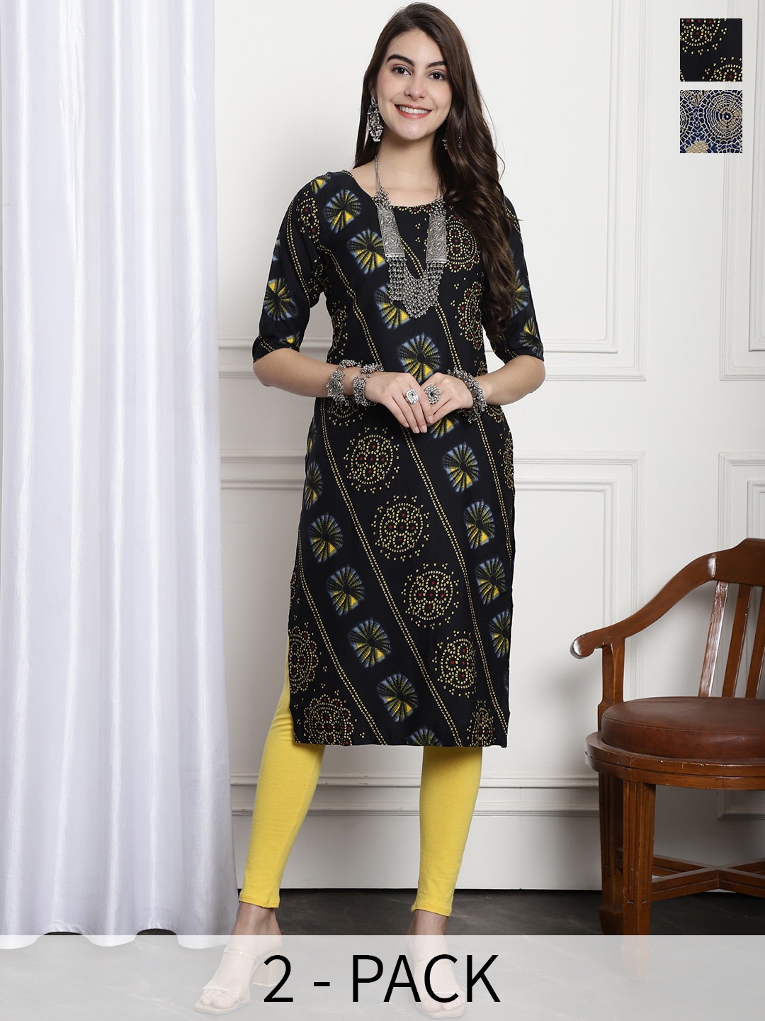 

7Threads Selection of 2 Ethnic Motifs Printed Regular Kurtas, Black