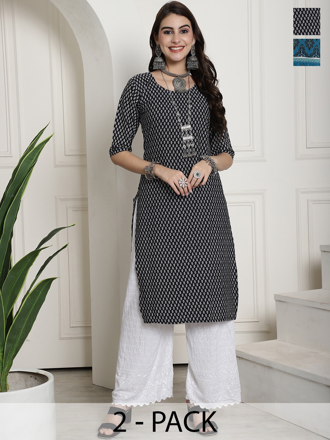 

7Threads Selection Of 2 Printed Straight Crepe Kurtas, Black