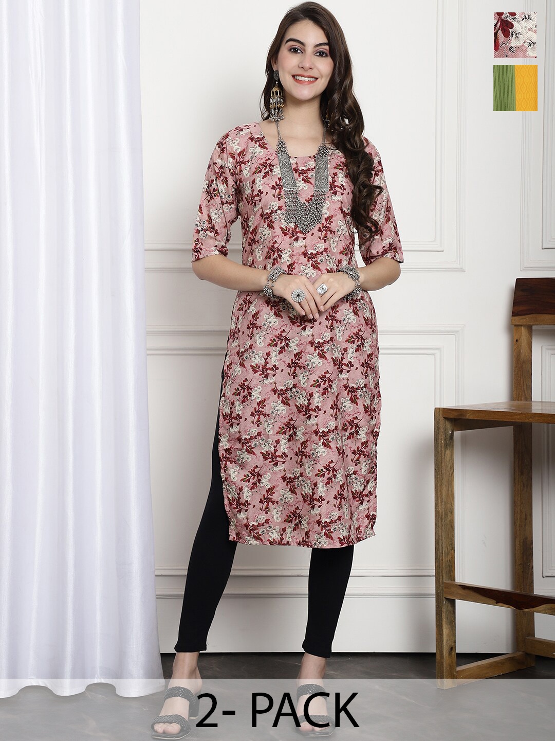 

7Threads Selection Of 2 Ethnic Motifs Printed Crepe Straight Kurta, Pink