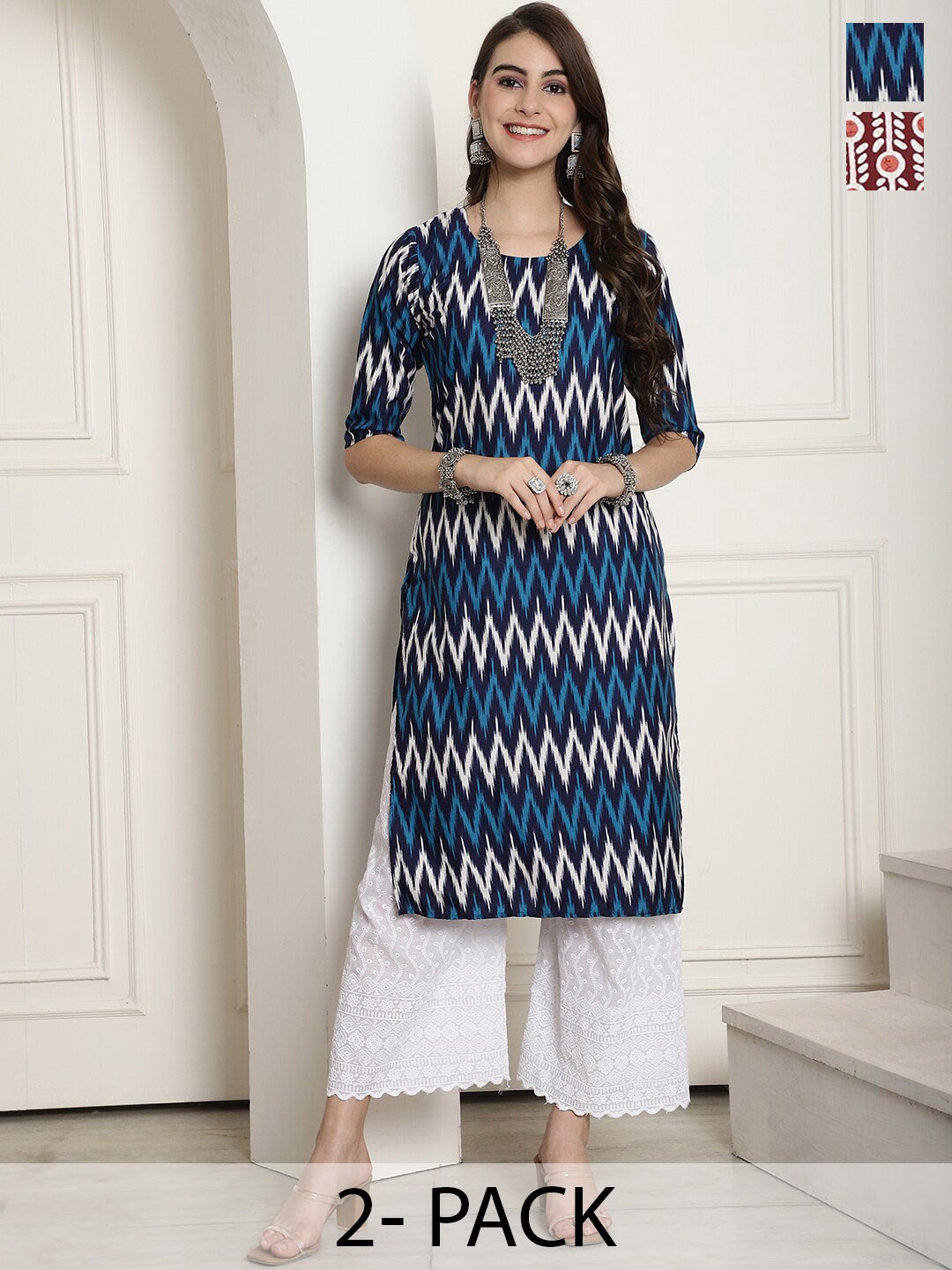 

7Threads Selection Of 2 Geometric Printed Straight Kurta, Blue