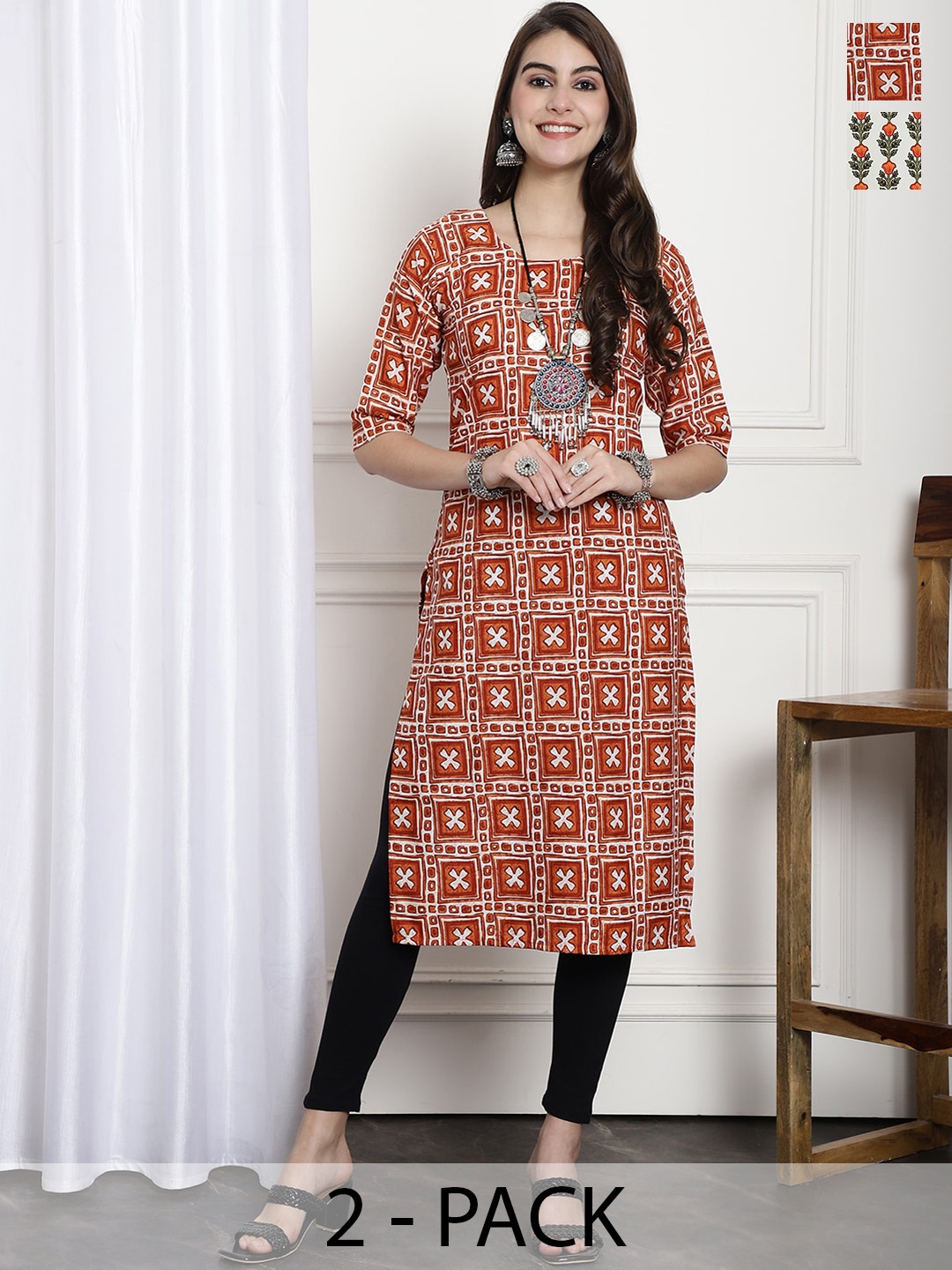 

7Threads Selection Of 2 Printed Round Neck Crepe Kurtas, Orange
