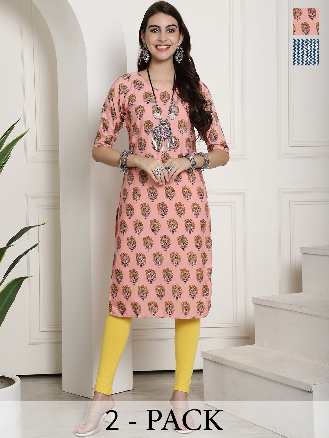 

7Threads Selection Of 2 Ethnic Motifs Printed Straight Kurta, Peach