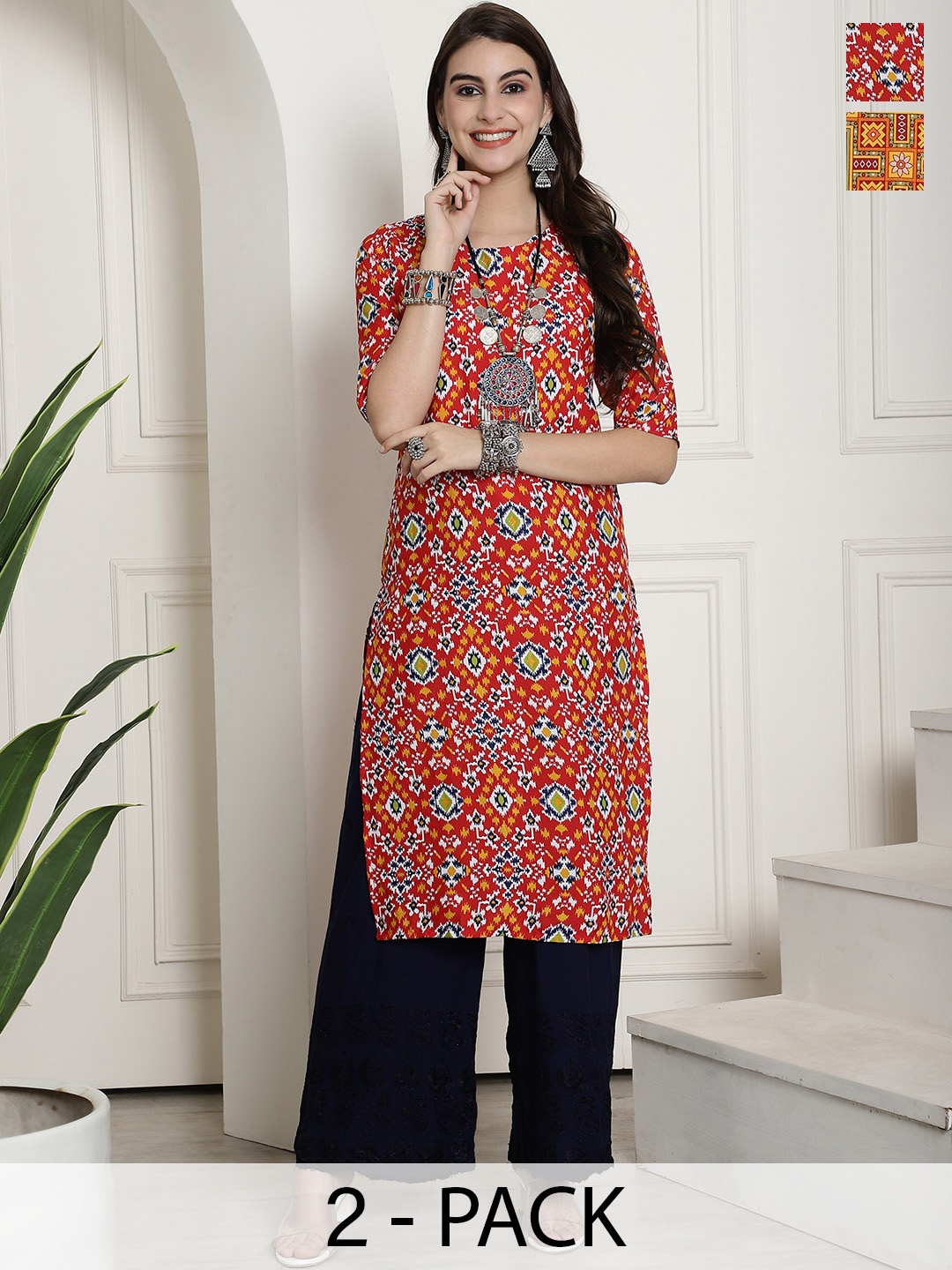 

7Threads Selection Of 2 Geometric Printed Straight Kurta, Red