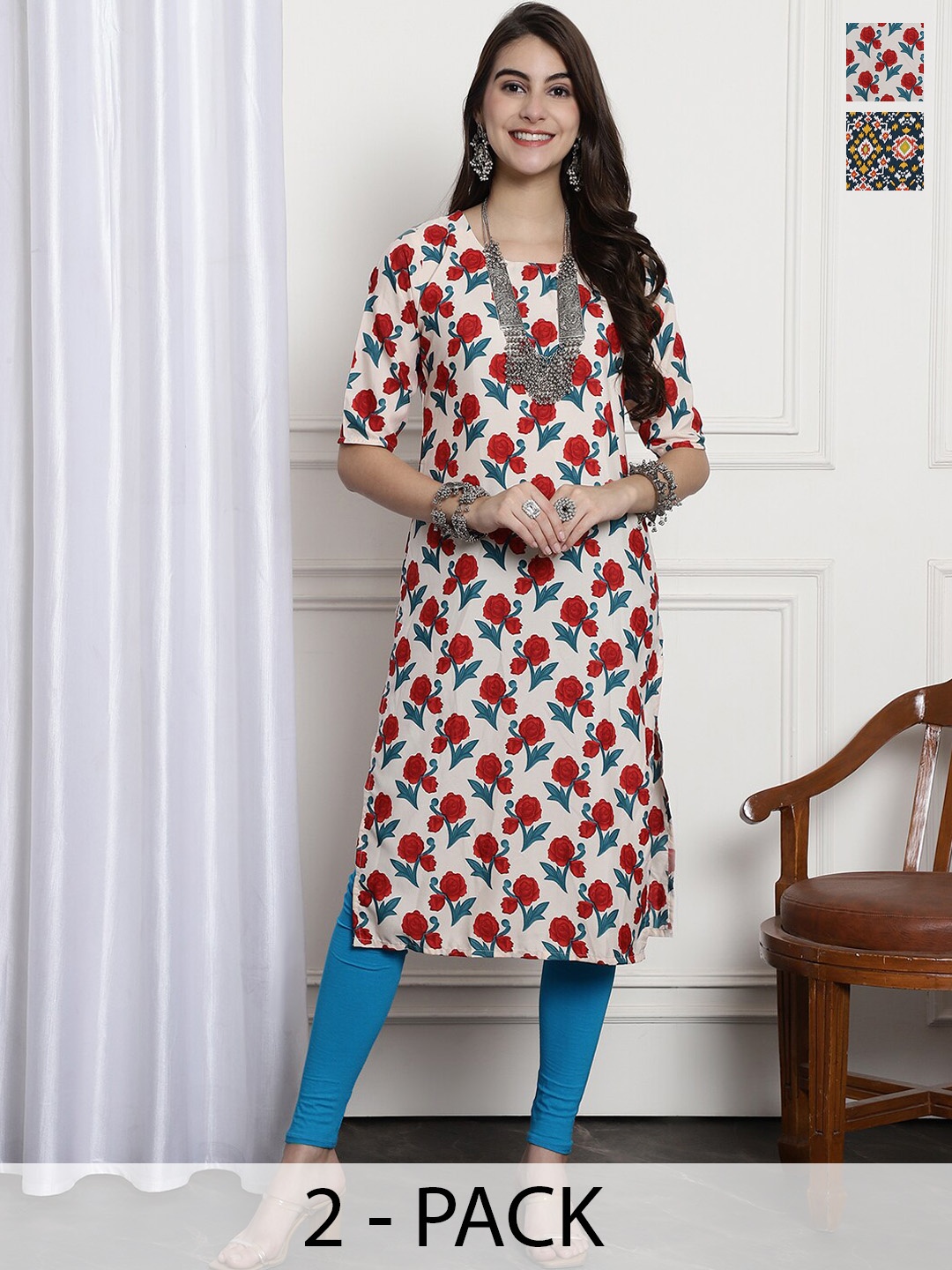 

7Threads Selection Of 2 Ethnic Motifs Printed Round Neck Straight Crepe Kurta, Cream