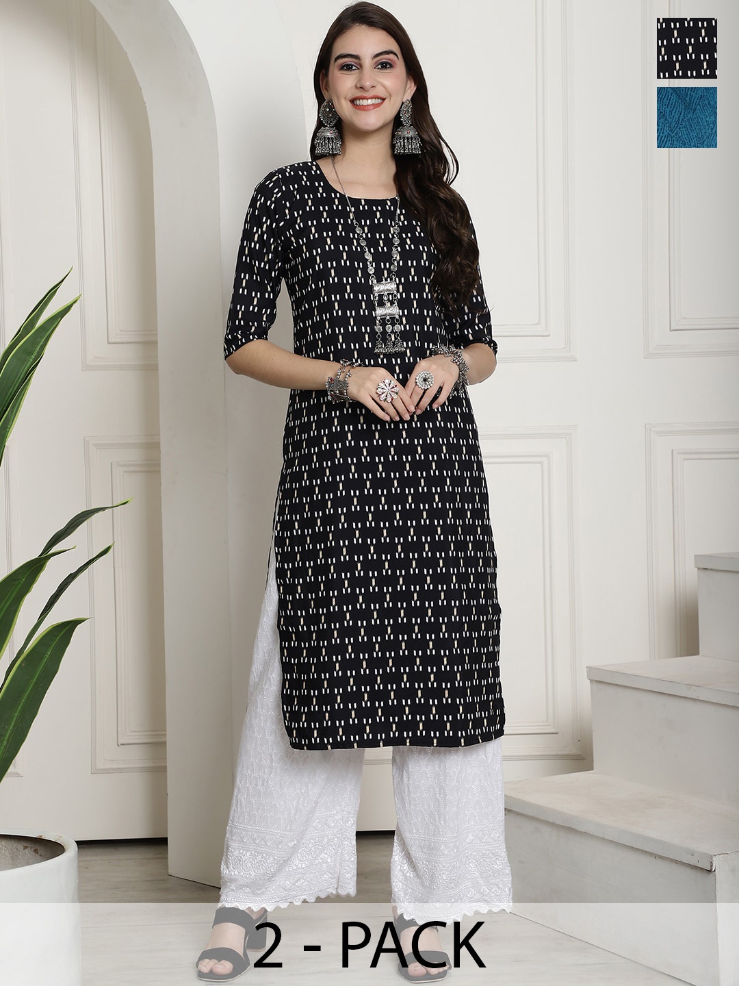 

7Threads Selection Of 2 Ethnic Motifs Printed Regular Kurta, Black