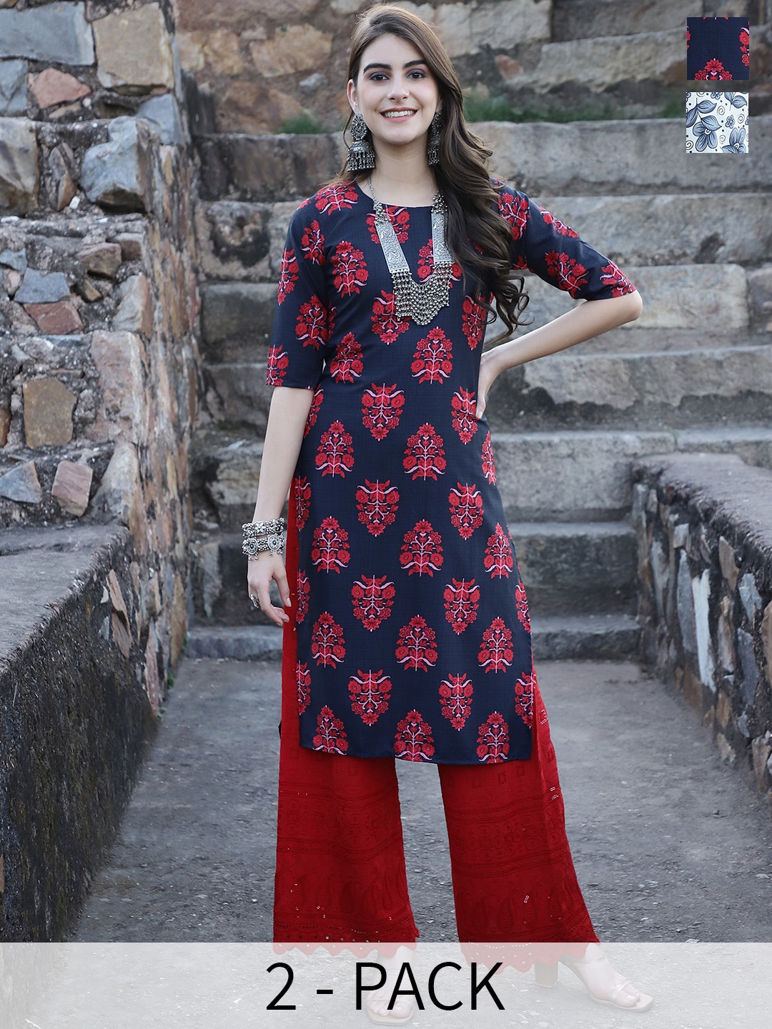 

7Threads Selection Of 2 Ethnic Motifs Printed Straight Kurta, Navy blue