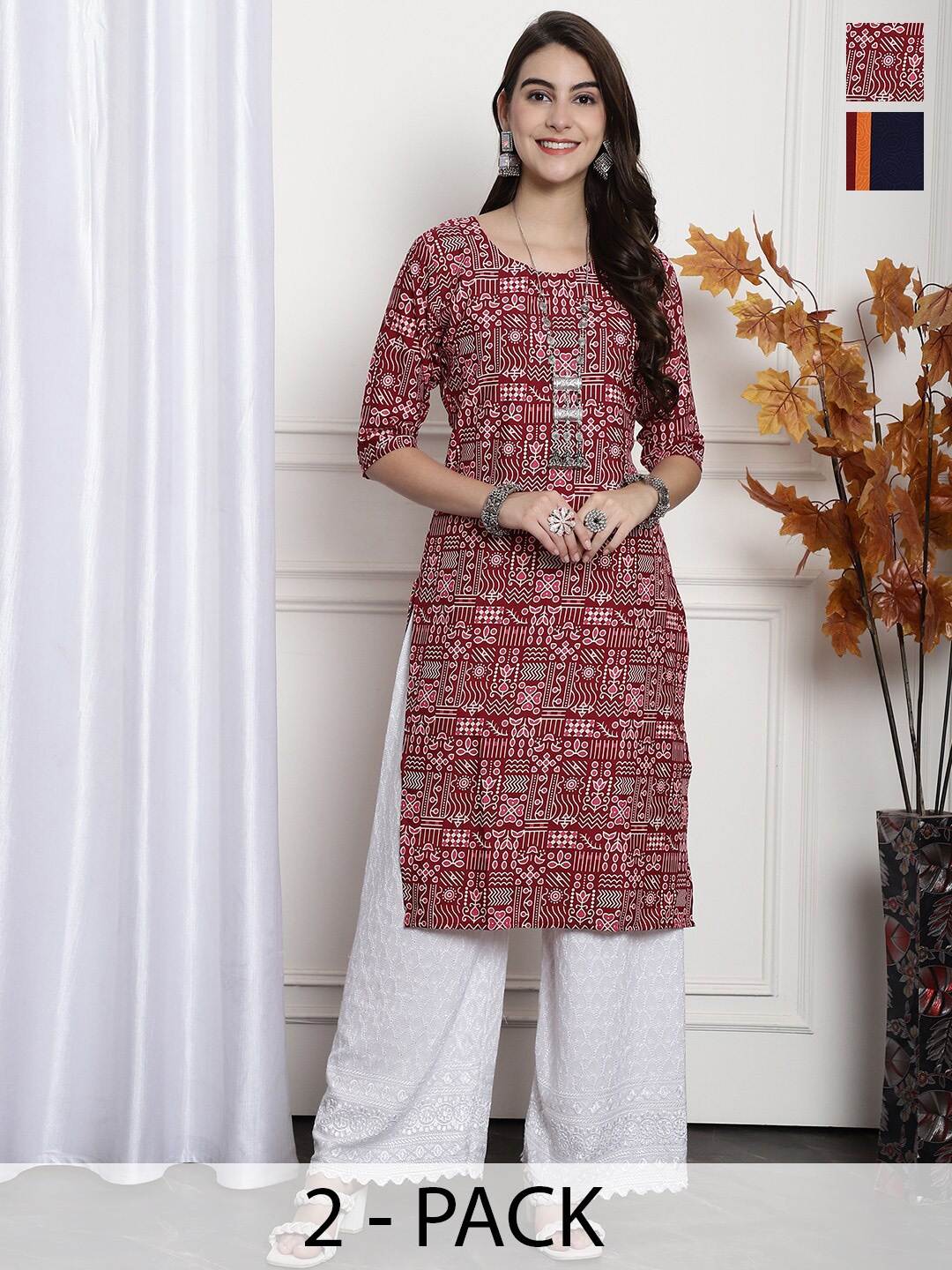 

7Threads Pack of 2 Ethnic Motifs Printed Summer Sheers Crepe Kurta, Multi