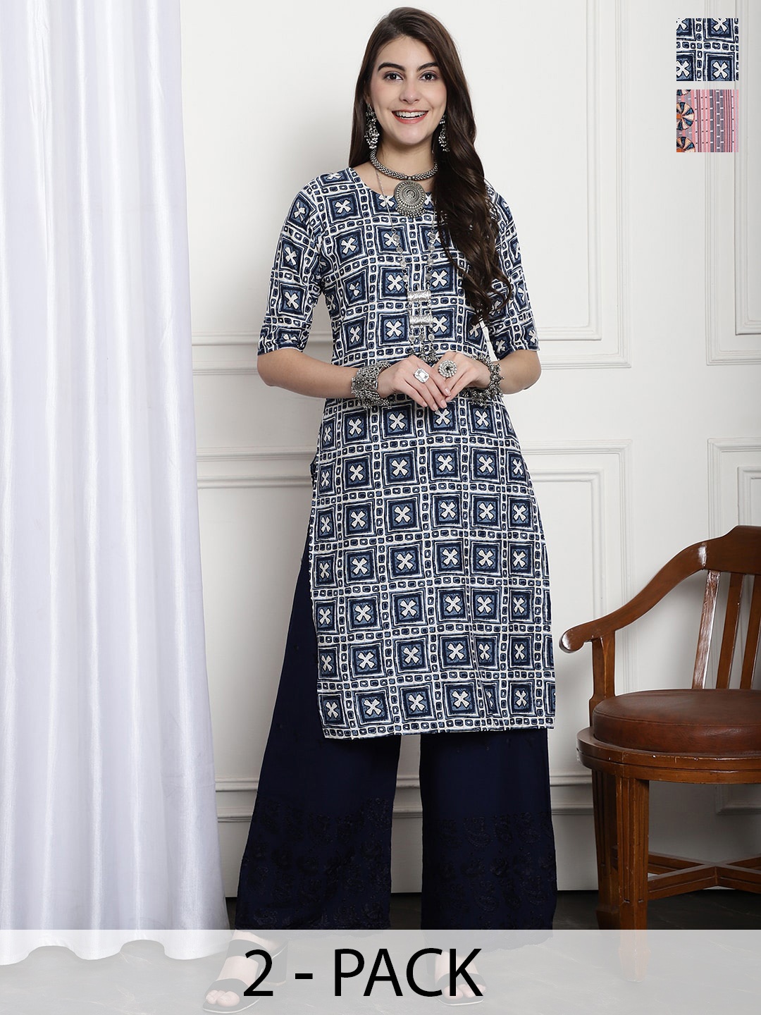 

7Threads Selection Of 2 Geometric Printed Kurta, Navy blue