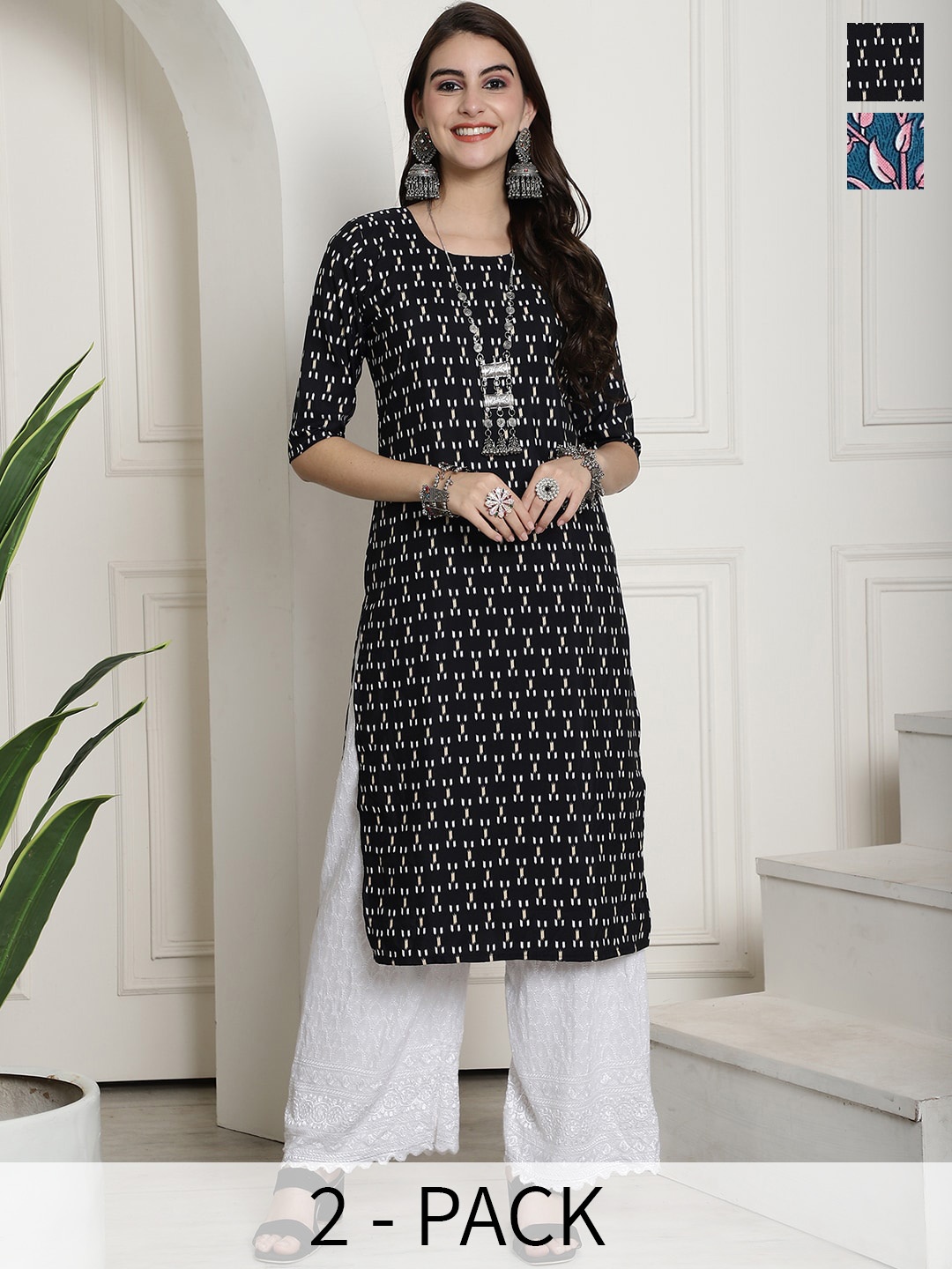 

7Threads Selection Of 2 Printed Straight Kurtas, Black