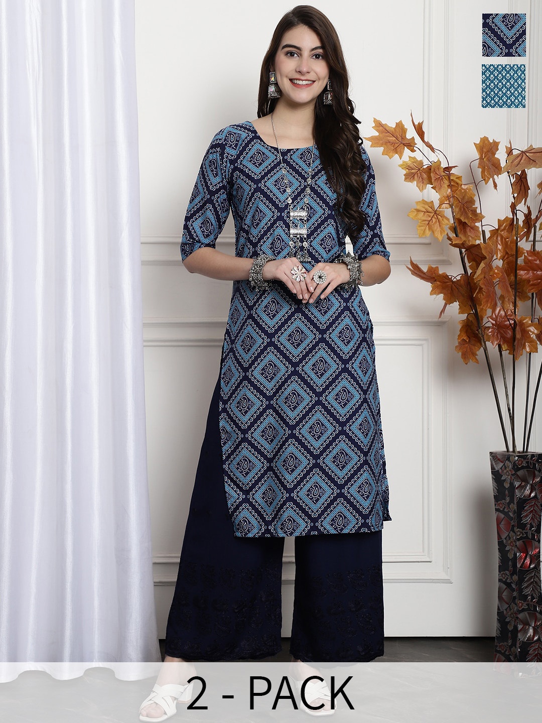 

7Threads Selection Of 2 Ethnic Motifs Printed Straight Kurta, Blue