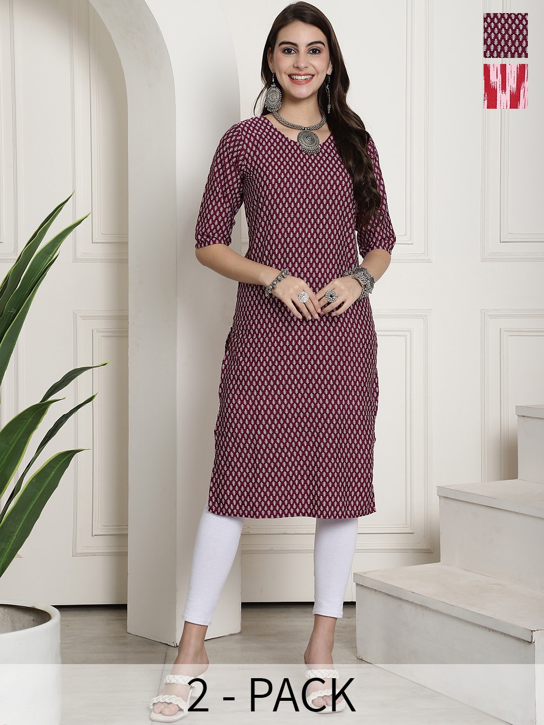 

7Threads Pack of 2 Ethnic Motifs Printed Summer Sheers Crepe Kurta, Multi