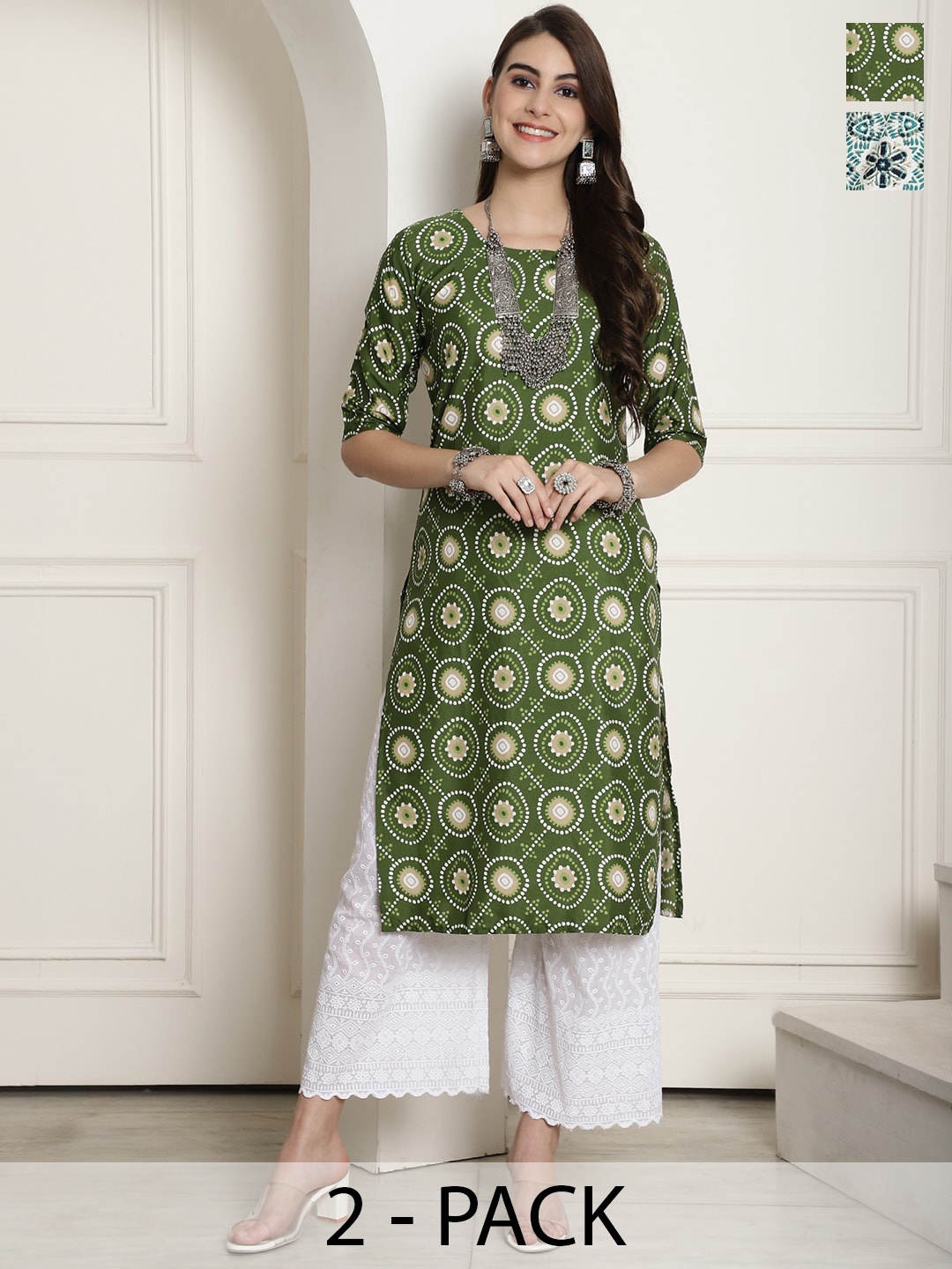 

7Threads Selection Of 2 Ethnic Motifs Printed Straight Kurta, Green