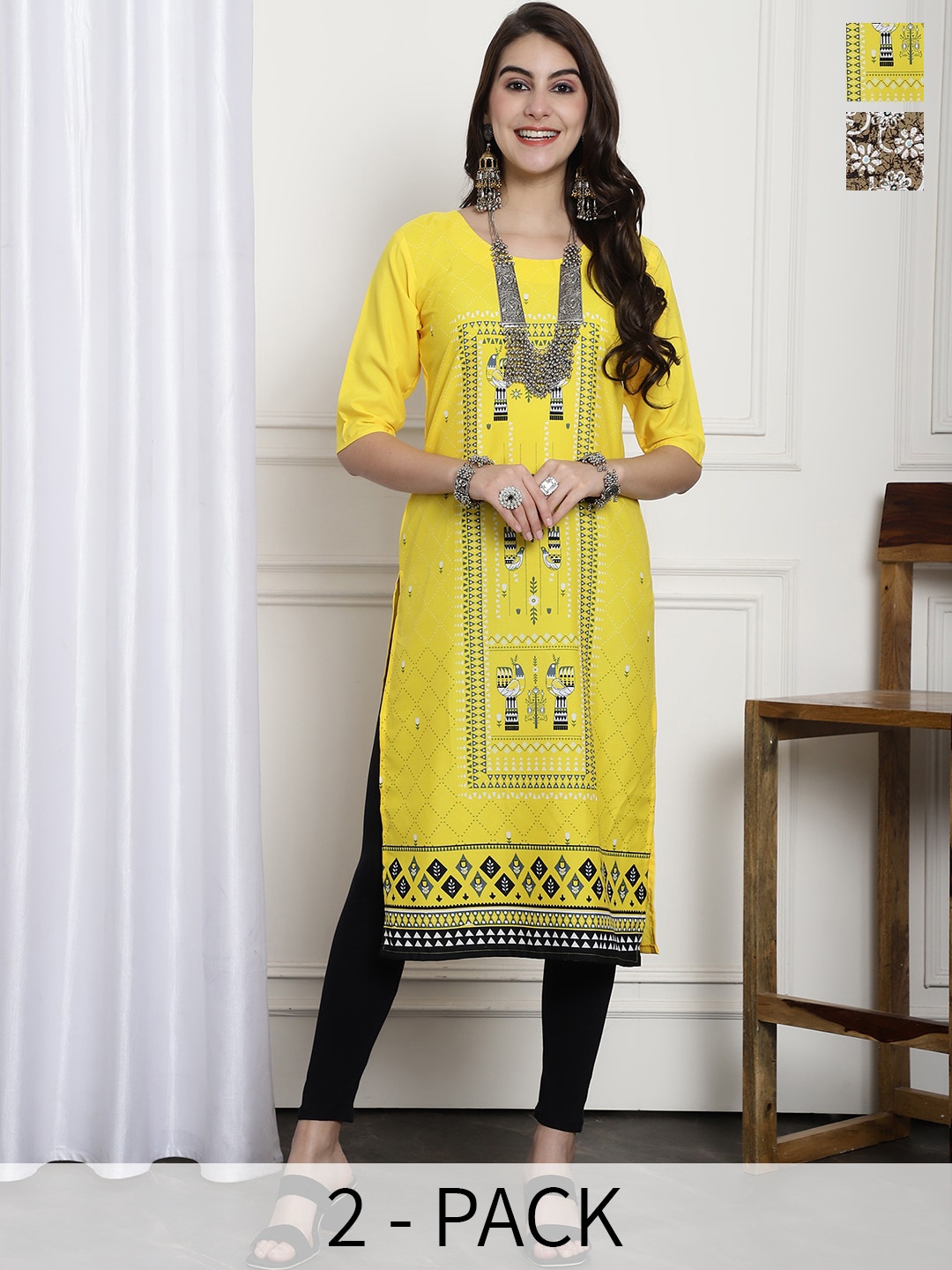 

7Threads Selection Of 2 Printed Round Neck Crepe Straight Kurta, Yellow