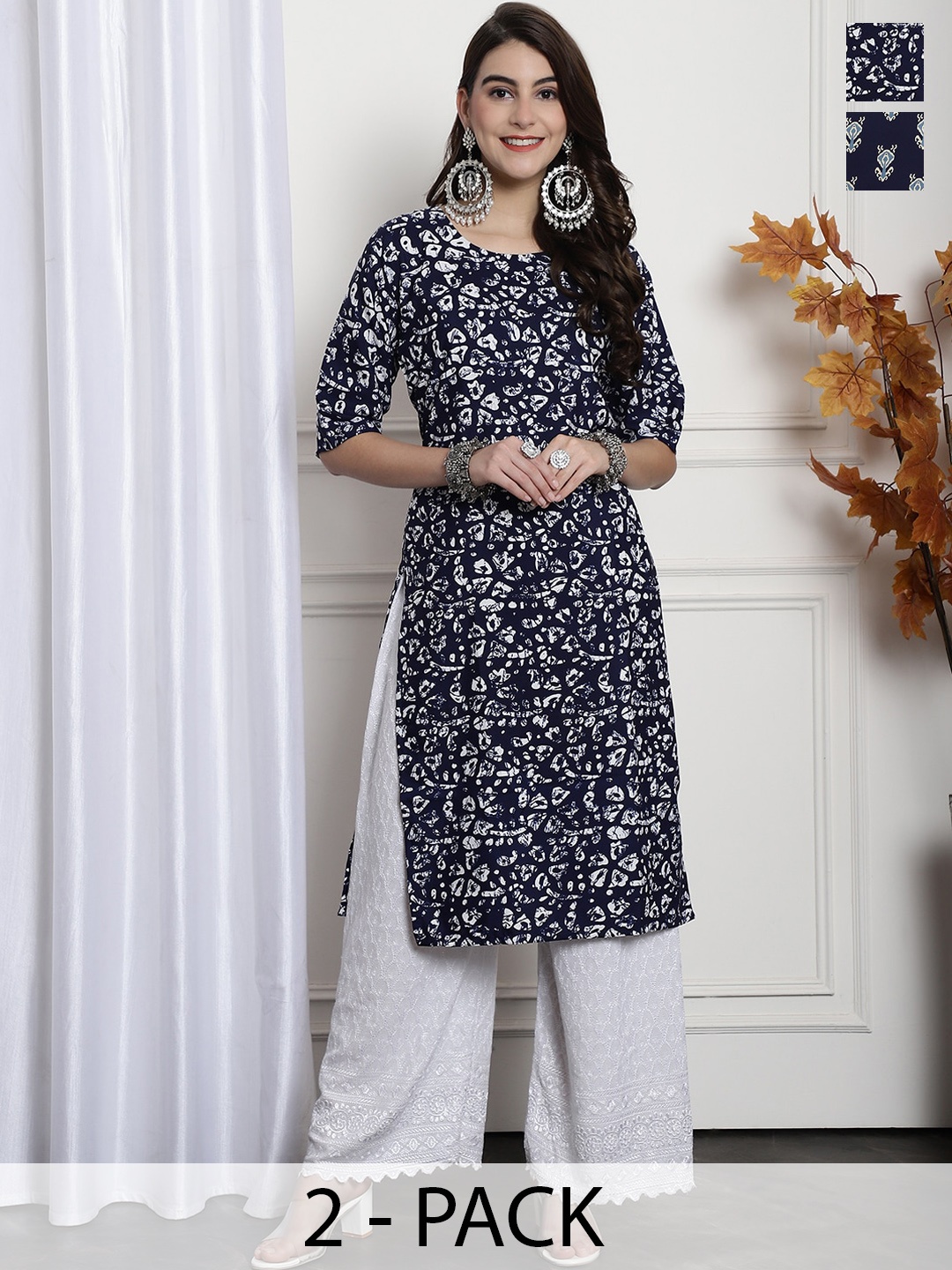 

7Threads Selection Of 2 Printed Straight Crepe Kurtas, Navy blue