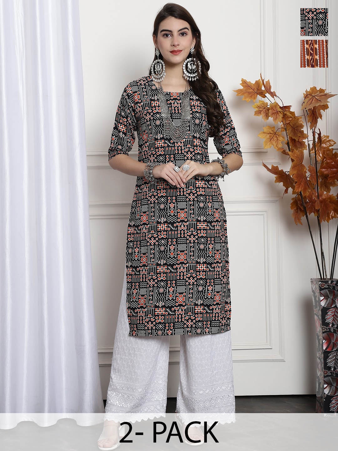 

7Threads Selection Of 2 Ethnic Motifs Printed Straight Kurtas, Red