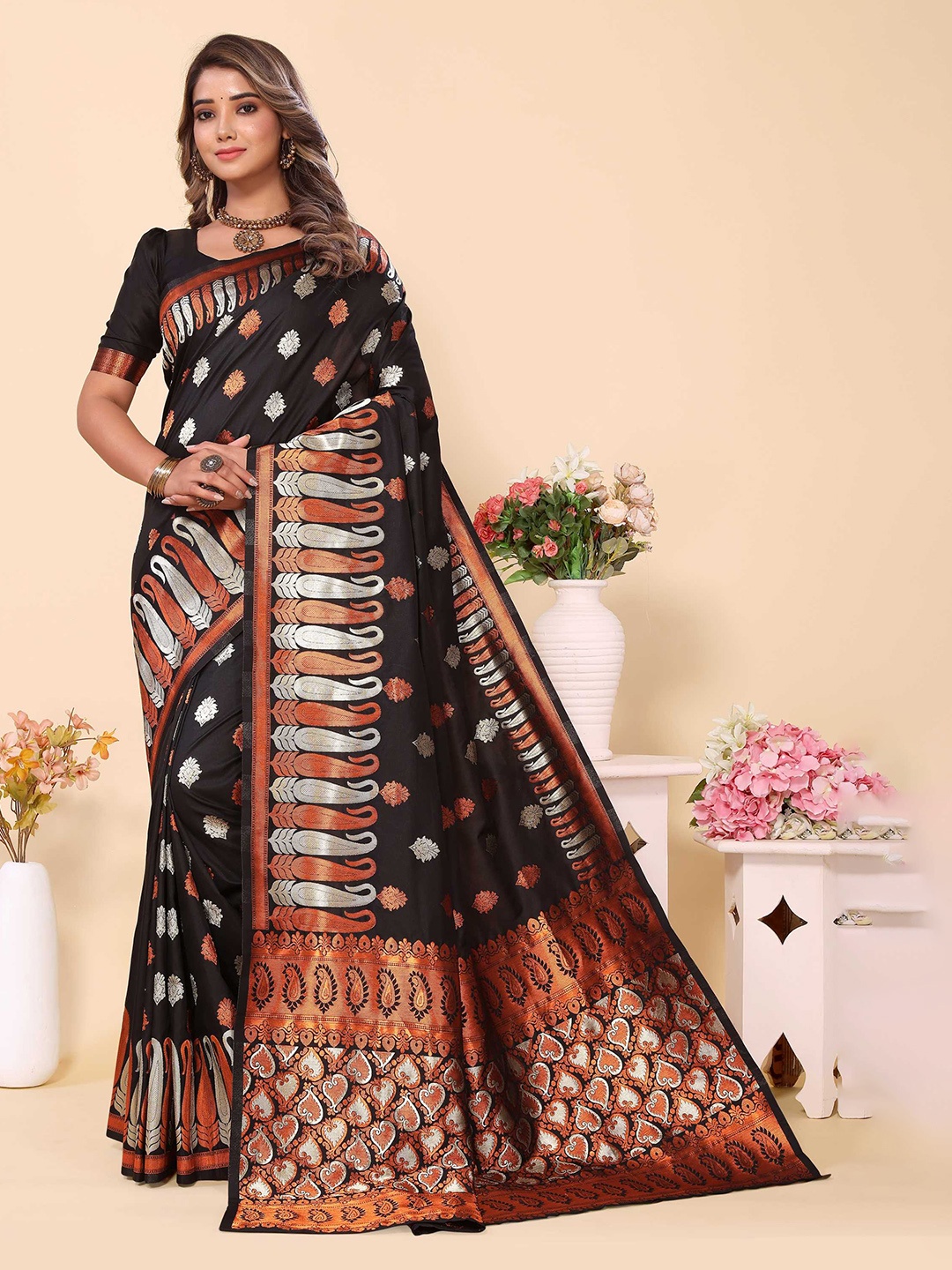 

Mitera Ethnic Motifs Woven Design Zari Detail Banarasi Saree, Black