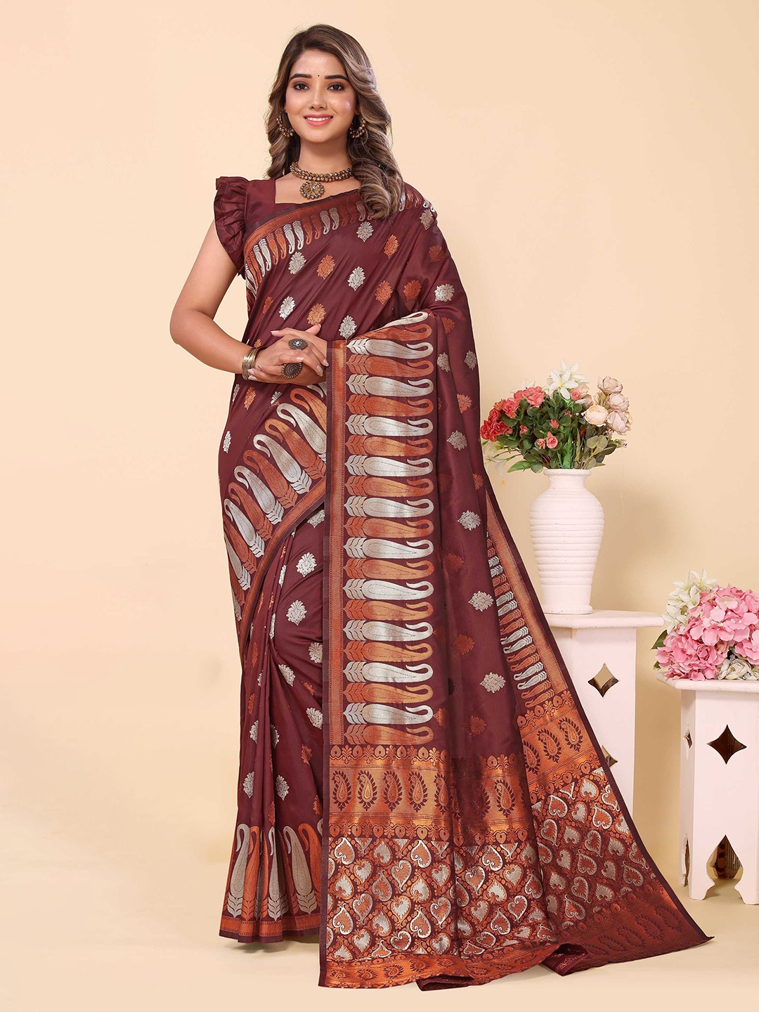 

Mitera Maroon & Gold Toned Ethnic Motifs Woven Design Zari Banarasi Saree