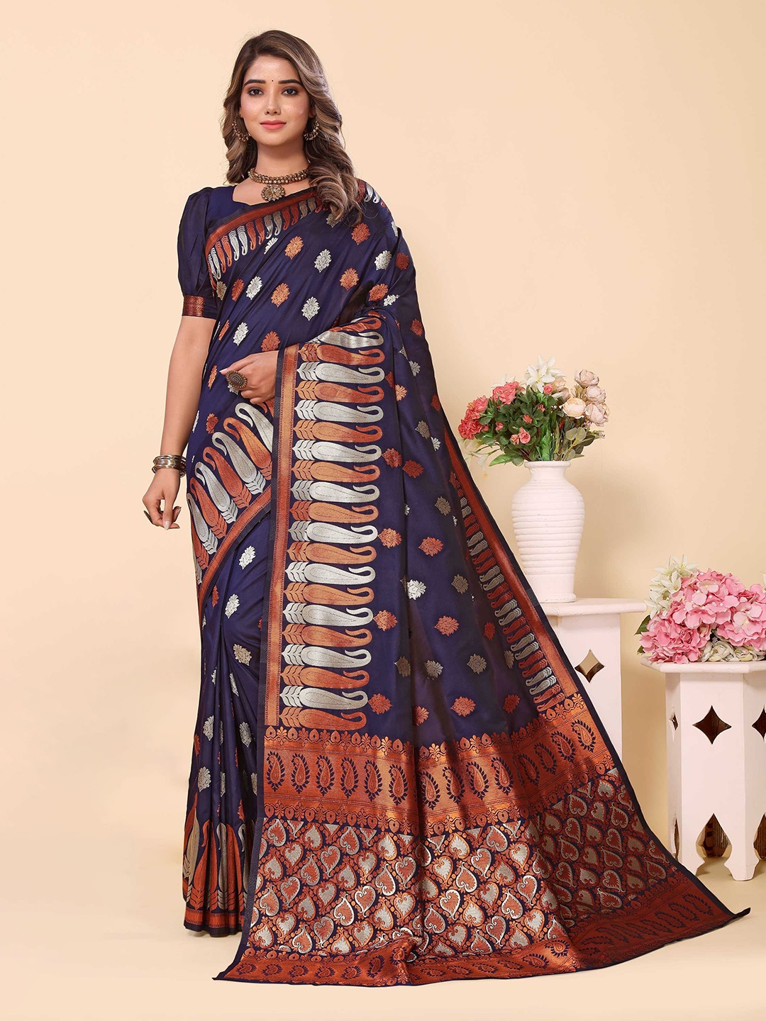 

Mitera Navy Blue & Gold Toned Ethnic Motifs Woven Design Zari Banarasi Saree