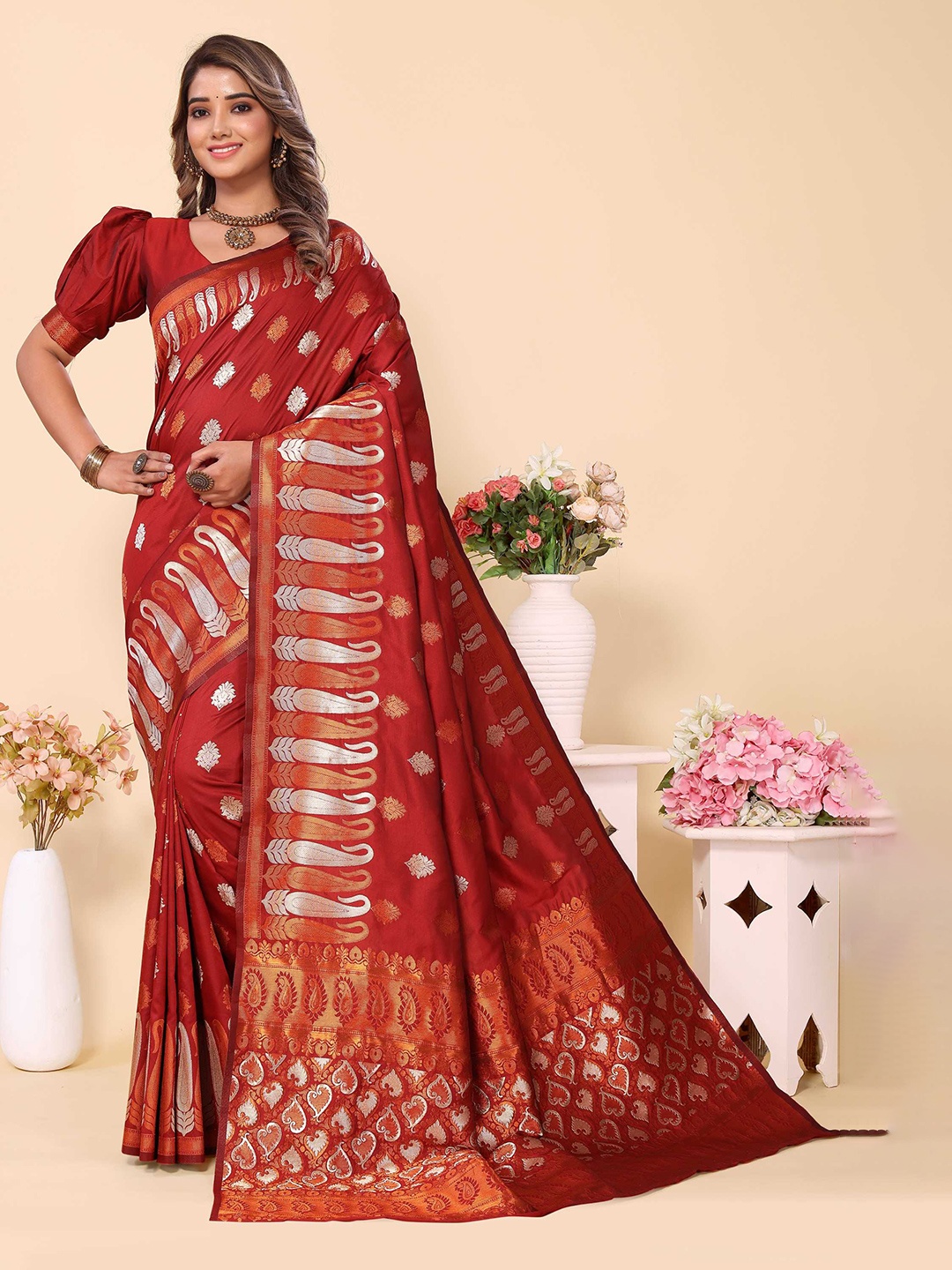 

Mitera Red & Gold Toned Ethnic Motifs Woven Design Zari Banarasi Saree