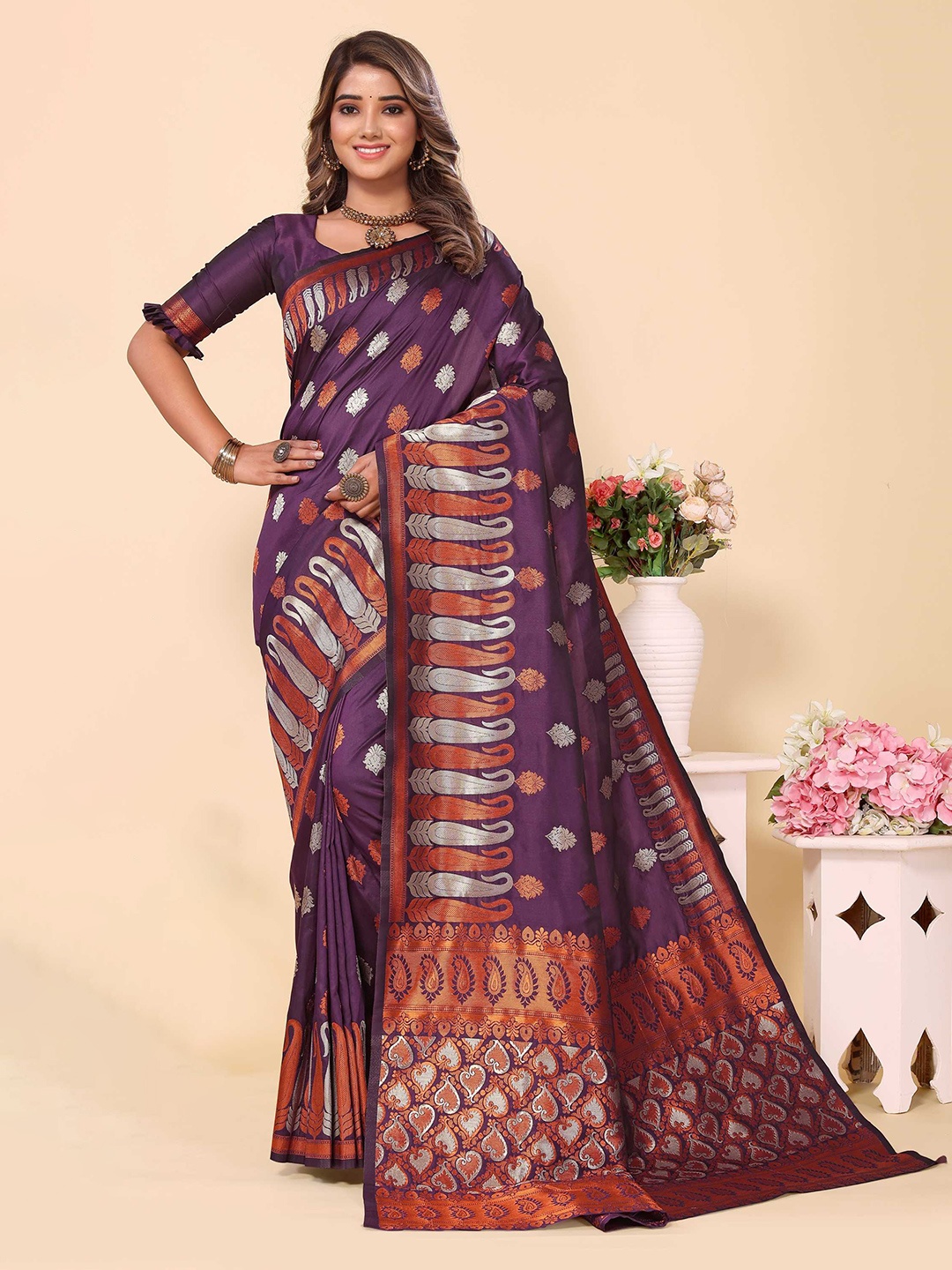 

Mitera Purple & Gold Toned Ethnic Motifs Woven Design Zari Banarasi Saree