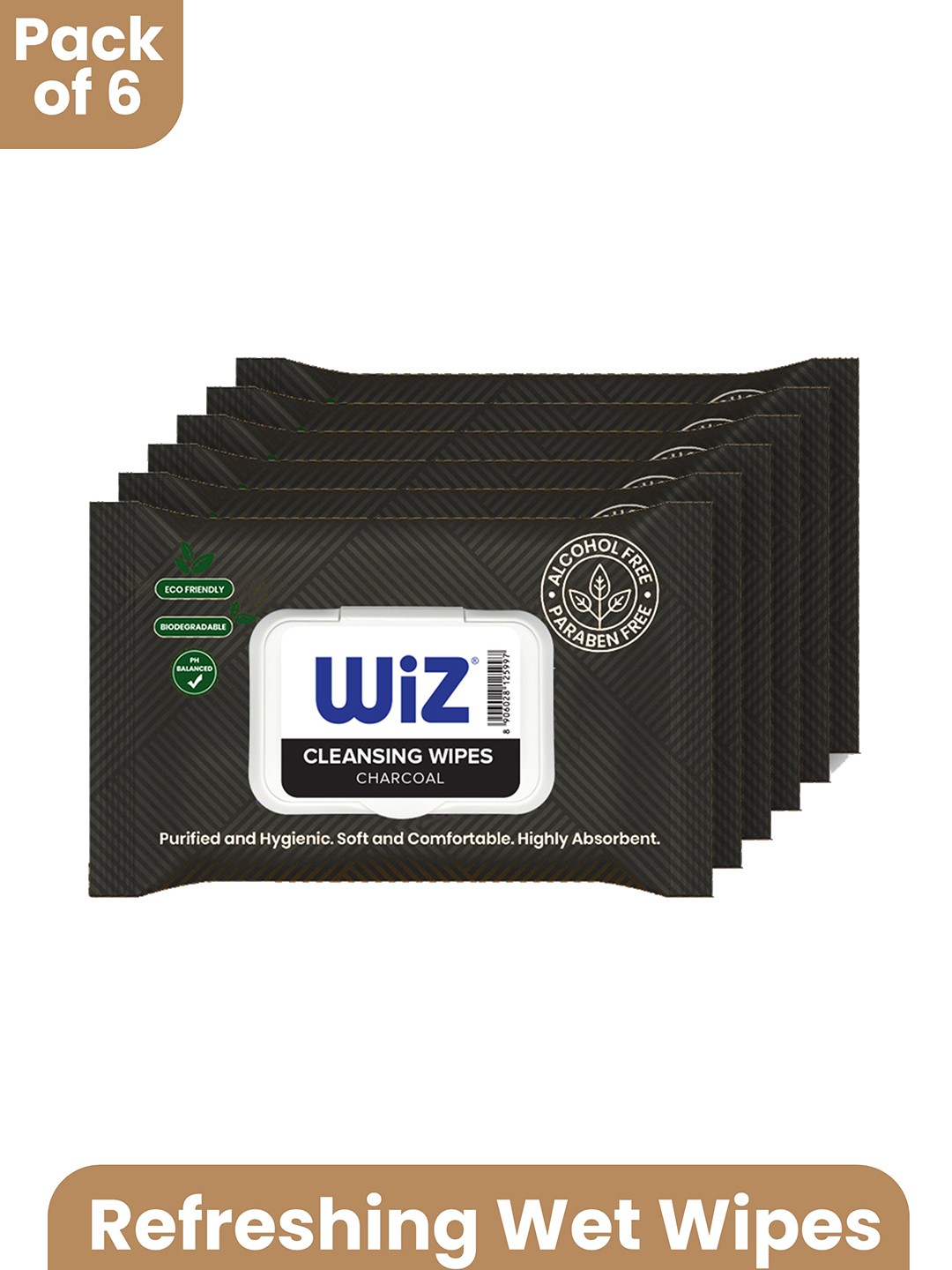 

Wiz Set Of 6 Charcoal Cleansing Refreshing Tissues & Wipes - 25 Wipes Each, White