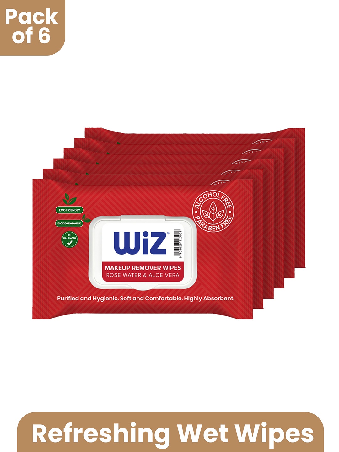

Wiz Set Of 6 Rose Water & Aloe Vera Refreshing Tissues & Wipes - 25 Wipes Each, White