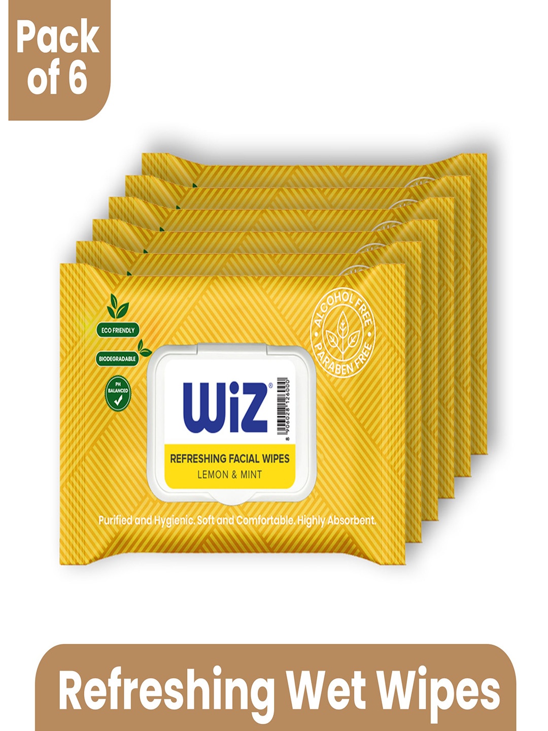 

Wiz Set Of 6 Lemon & Mint Refreshing Wipes - 25 Wipes Each, White