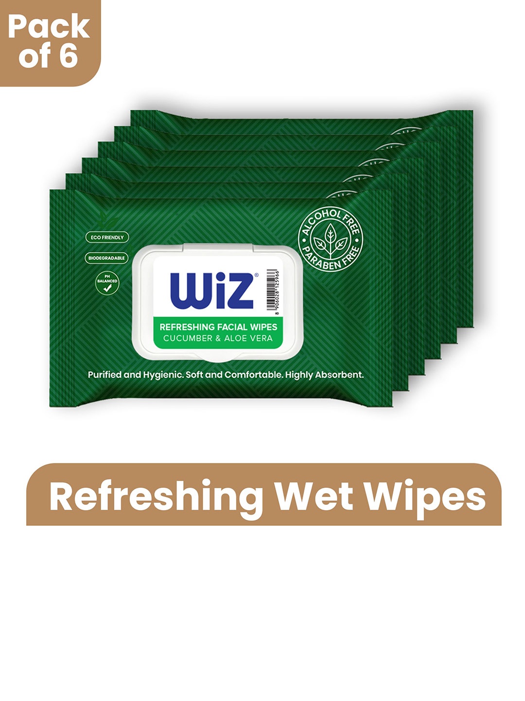 

Wiz Set Of 6 Cucumber & Aloe Vera Refreshing Facial Wipes - 25 Wipes Each, White