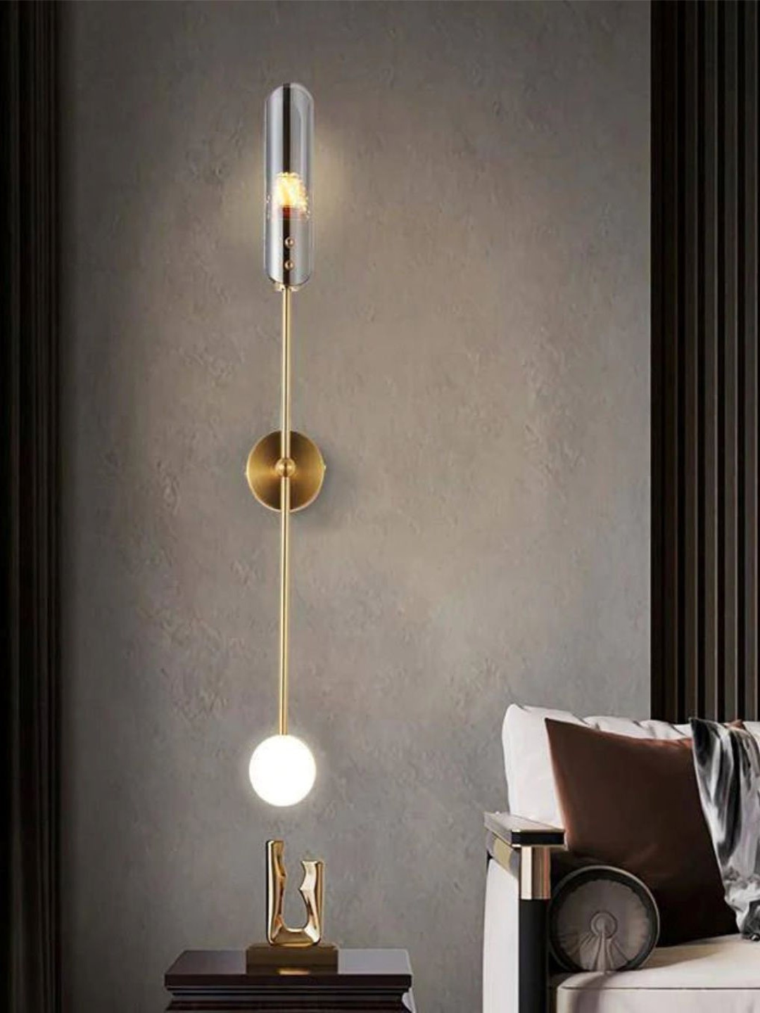 

The Art House Gold Toned Smoky Glass Plus Frosted Glass Ball Cylindrical Wall Lamp