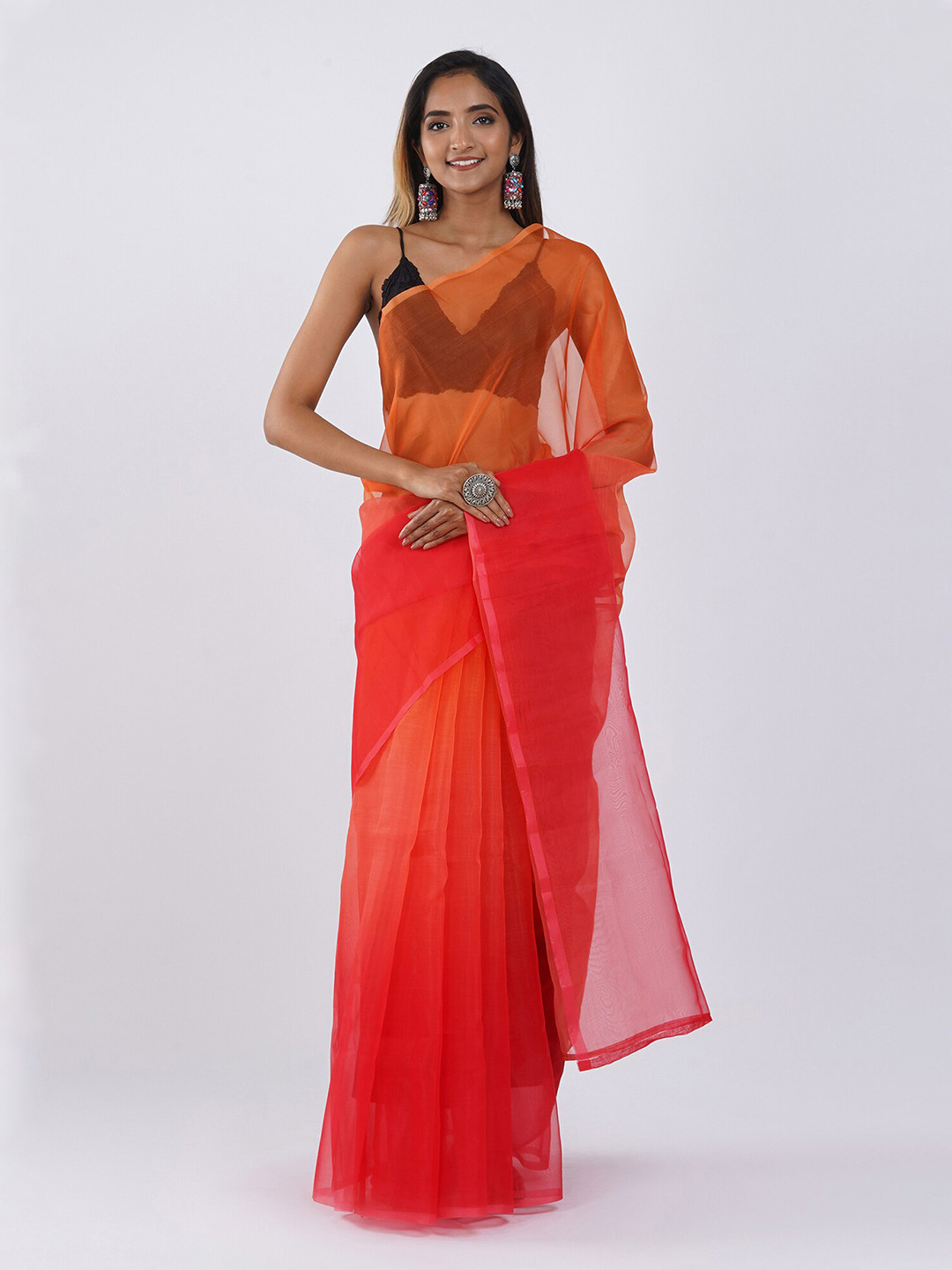 

TEEJH Organza Festive Saree, Orange