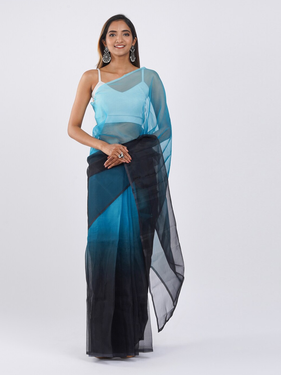 

TEEJH Black & Turquoise Blue Organza Designer Saree
