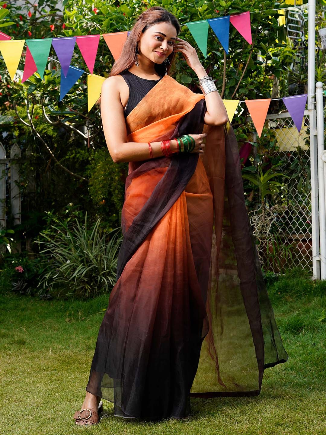 

TEEJH Aksaja Ombre Dyed Organza Saree, Orange