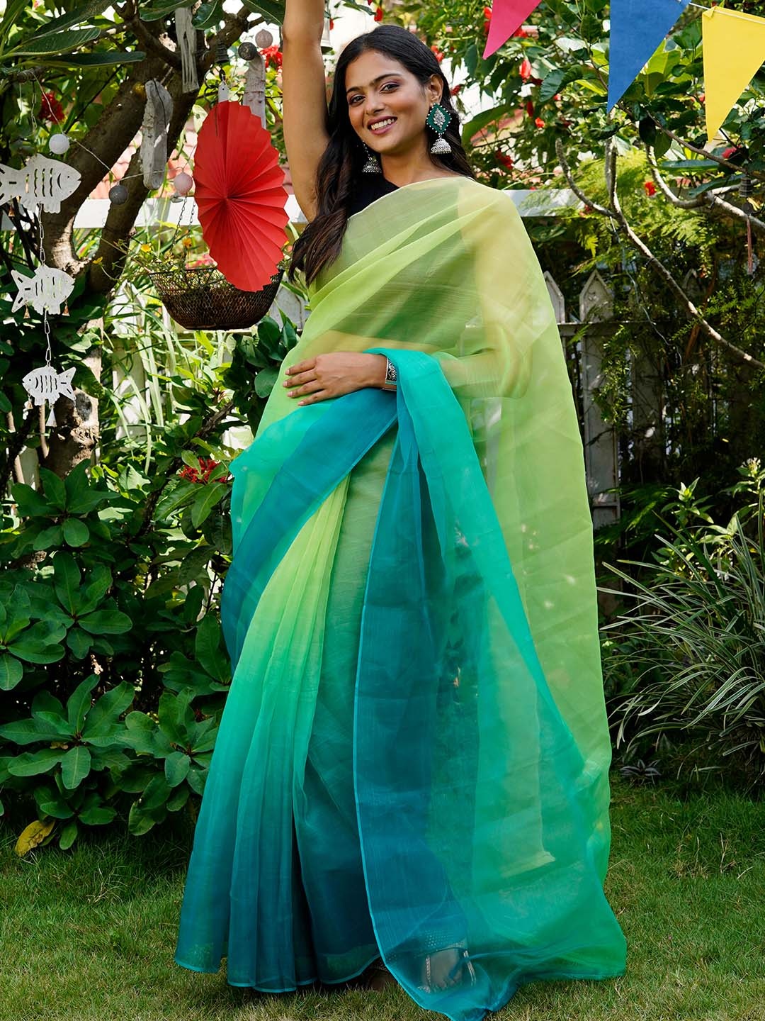 

TEEJH Ombre Dyed Organza Saree, Green