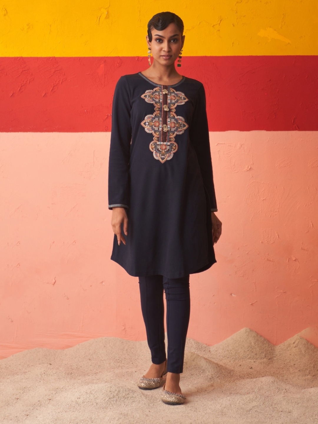 

Lakshita Ethnic Motifs Yoke Design Thread Work Woollen Kurta, Navy blue