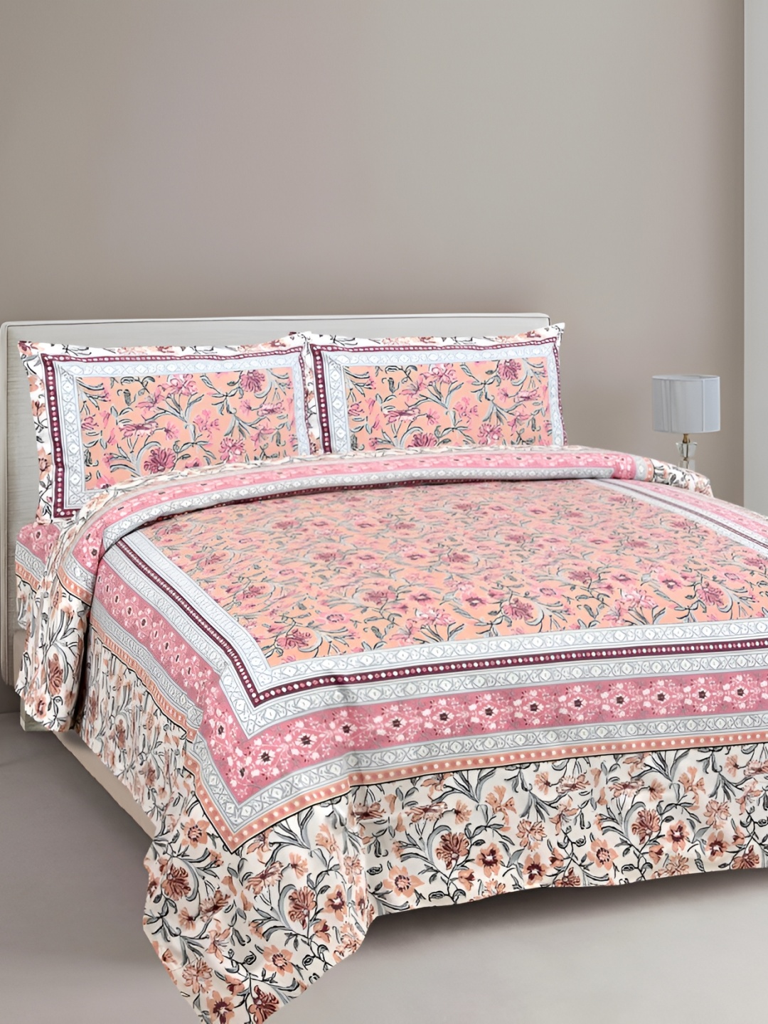 

Urban Jaipur Pink & White Floral Cotton 186 TC Super Queen Bedsheet with 2 Pillow Covers