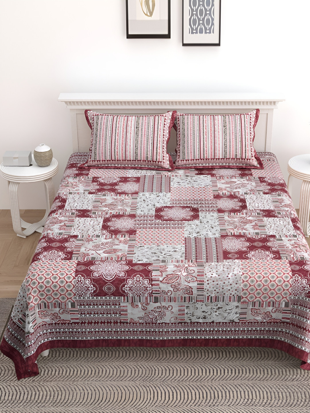 

Urban Jaipur Maroon & Grey Conversational Cotton 186 TC King Bedsheet with 2 Pillow Covers