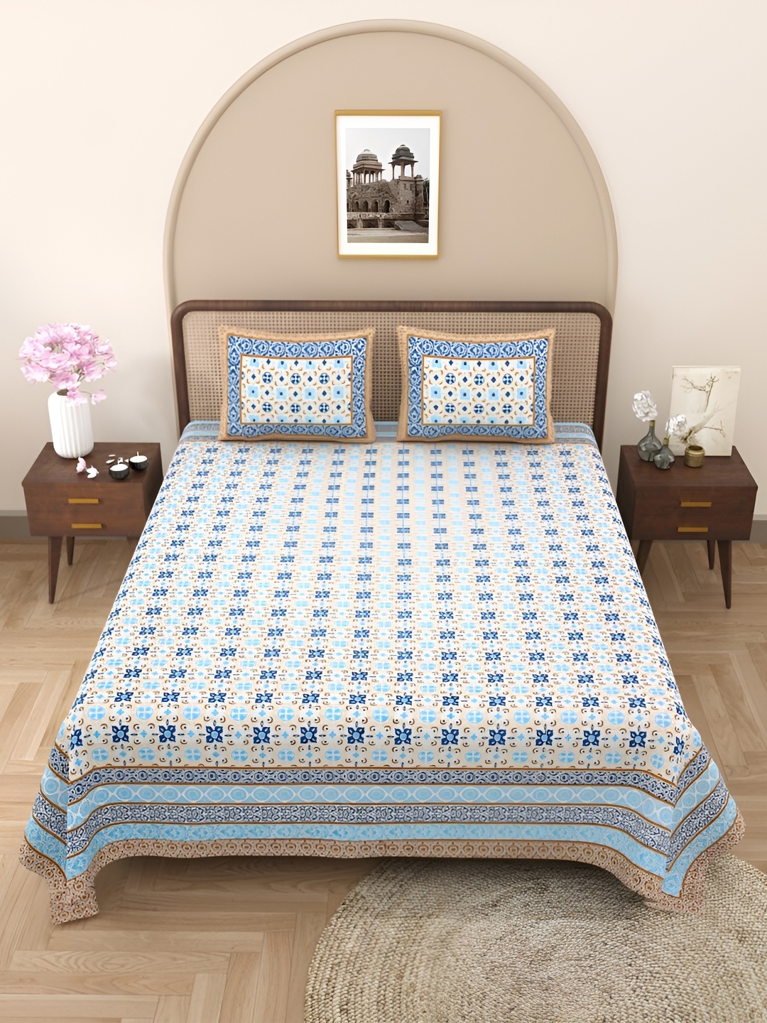 

Urban Jaipur Blue & Beige Floral Cotton 186 TC Super Queen Bedsheet with 2 Pillow Covers