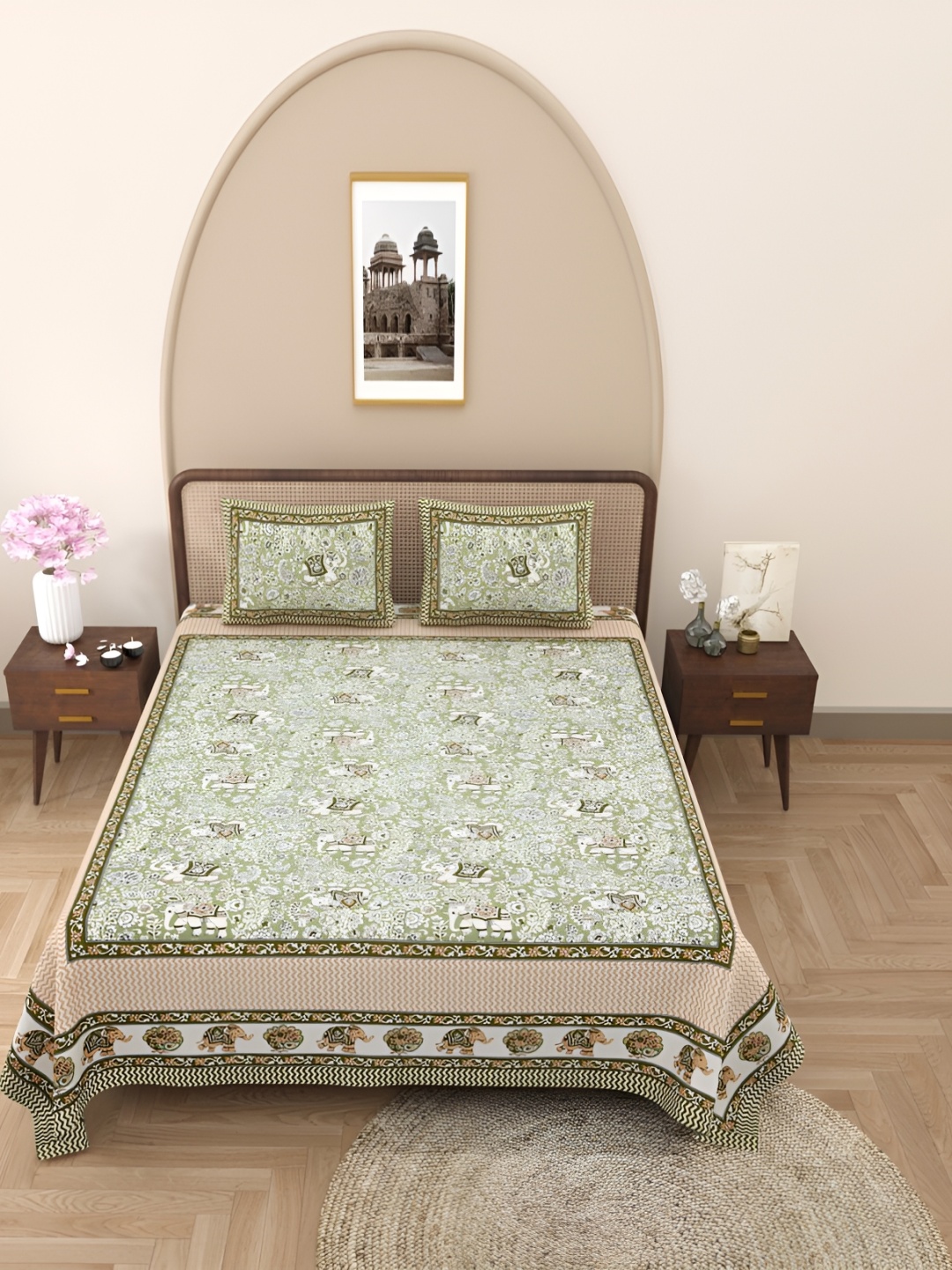 

Urban Jaipur Green & Pink Floral Cotton 186 TC Super Queen Bedsheet with 2 Pillow Covers
