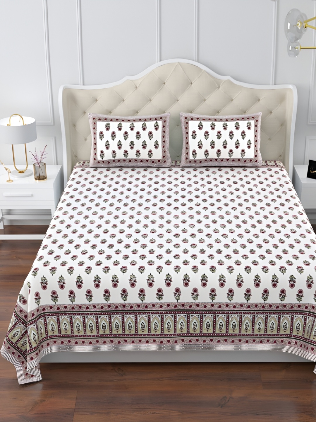 

Urban Jaipur Off White & Maroon Cotton 210 TC Super King Bedsheet with 2 Pillow Covers