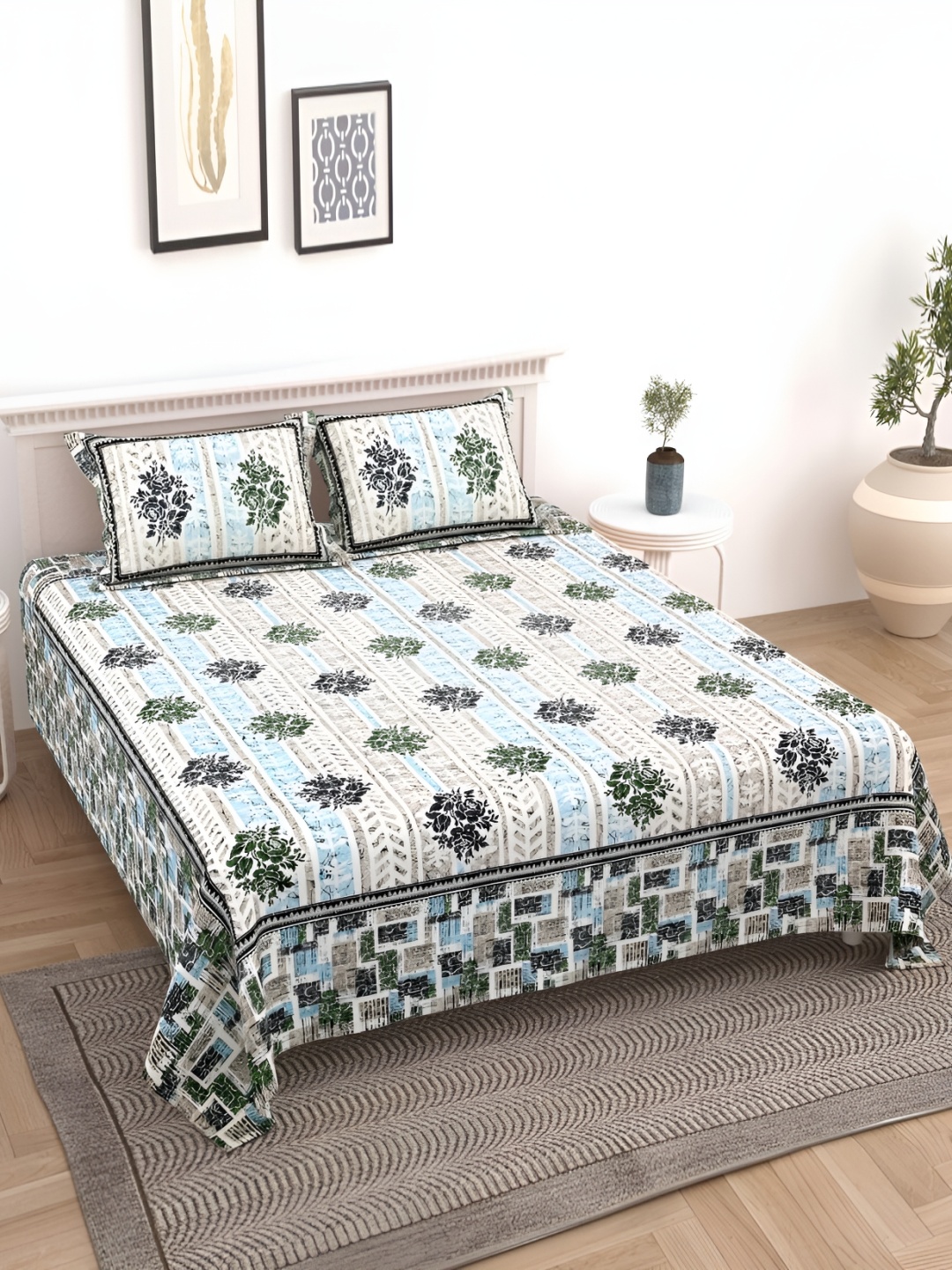 

Urban Jaipur Green & Blue Floral Cotton 186 TC King Bedsheet with 2 Pillow Covers, Sea green