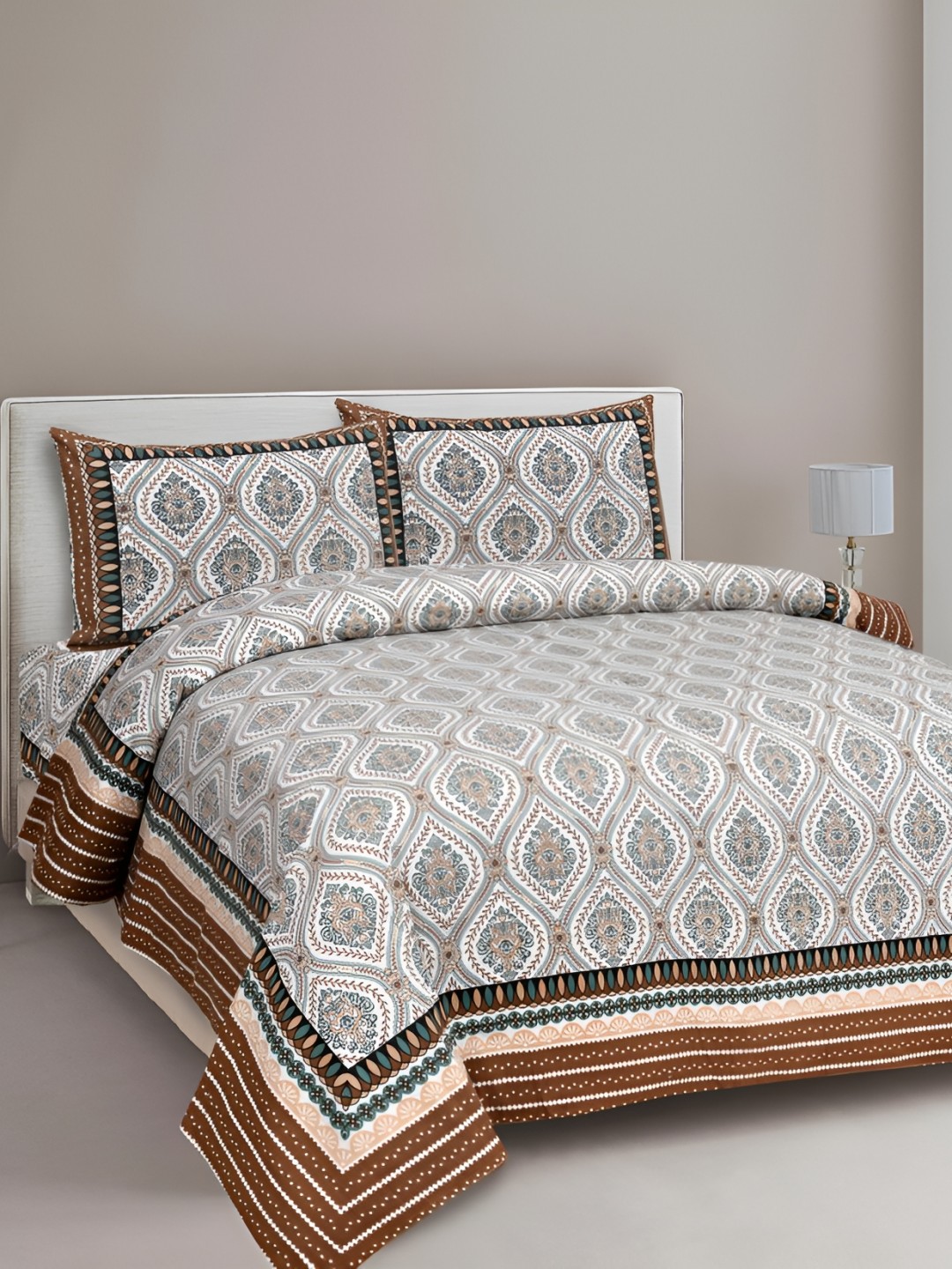 

Urban Jaipur White & Brown Floral Cotton 186 TC Super Queen Bedsheet with 2 Pillow Covers