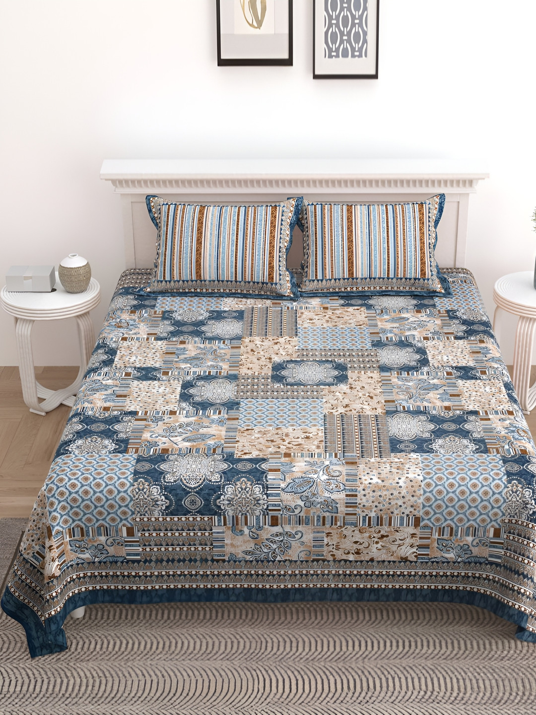 

Urban Jaipur Blue & Beige Conversational Cotton 186 TC King Bedsheet with 2 Pillow Covers