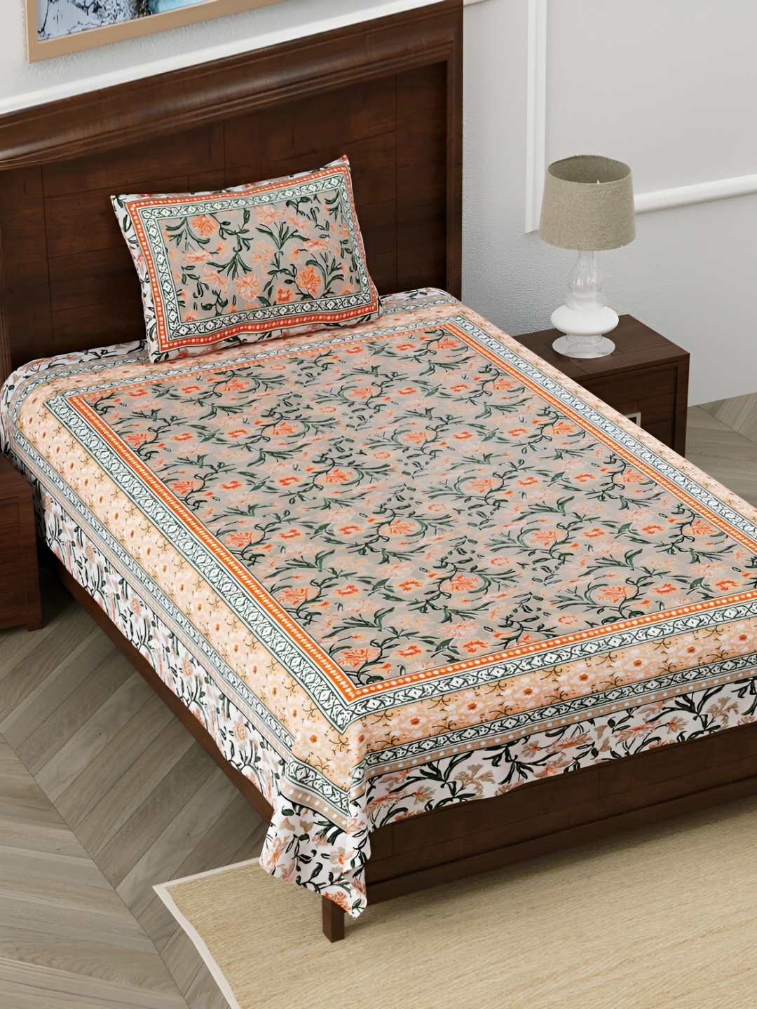 

Urban Jaipur Orange & Grey Floral Cotton 186 TC Single Bedsheet with 1 Pillow Cover