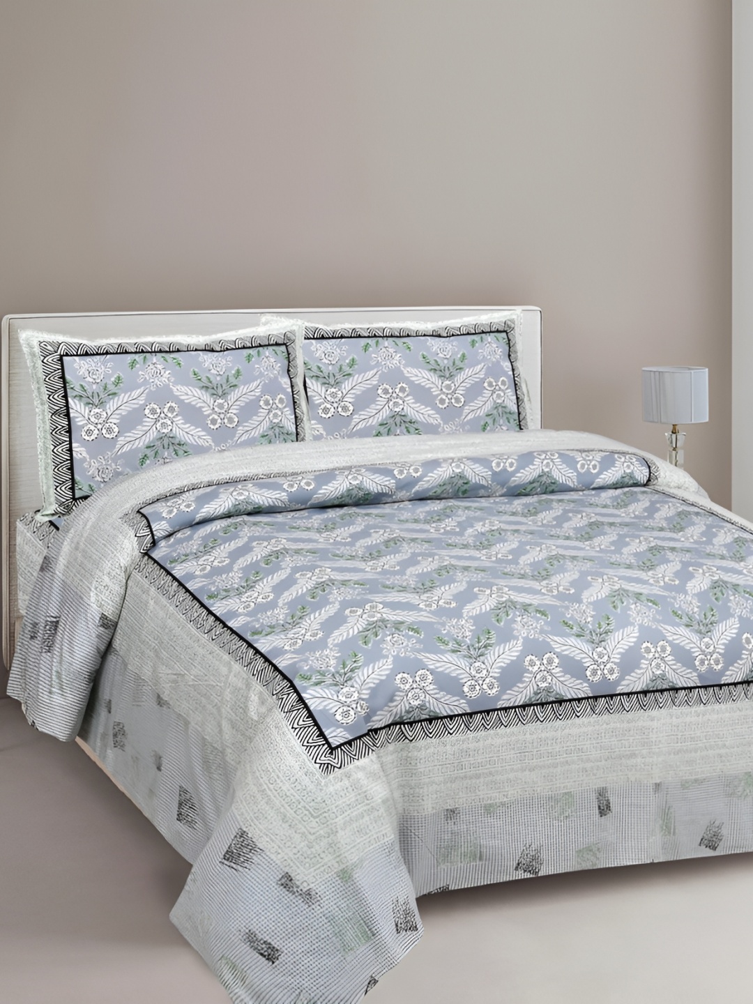 

Urban Jaipur Grey & Blue Floral Cotton 186 TC Super Queen Bedsheet with 2 Pillow Covers
