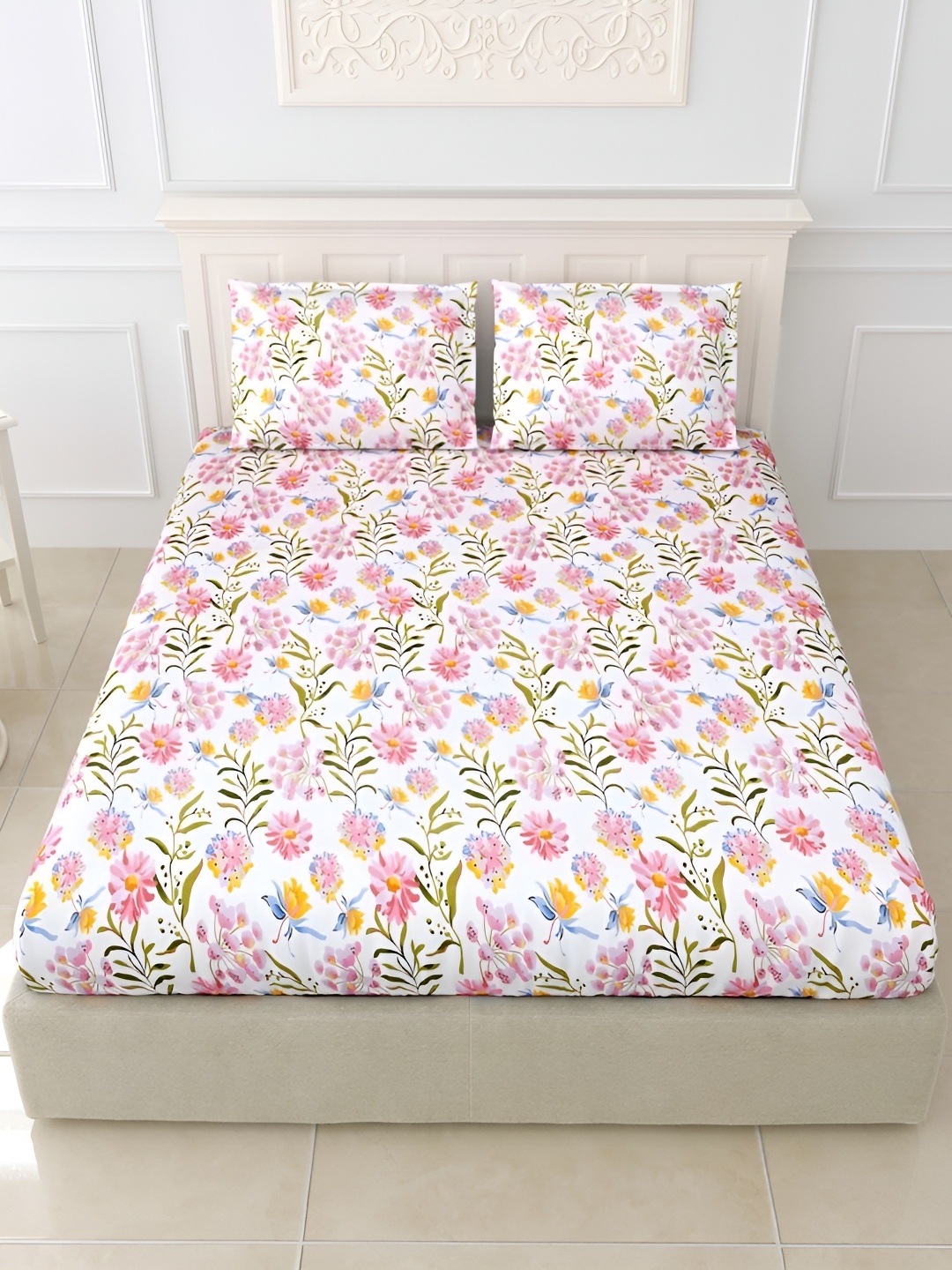 

Urban Jaipur Pink & White Floral 144 TC Super King Bedsheet with 2 Pillow Covers