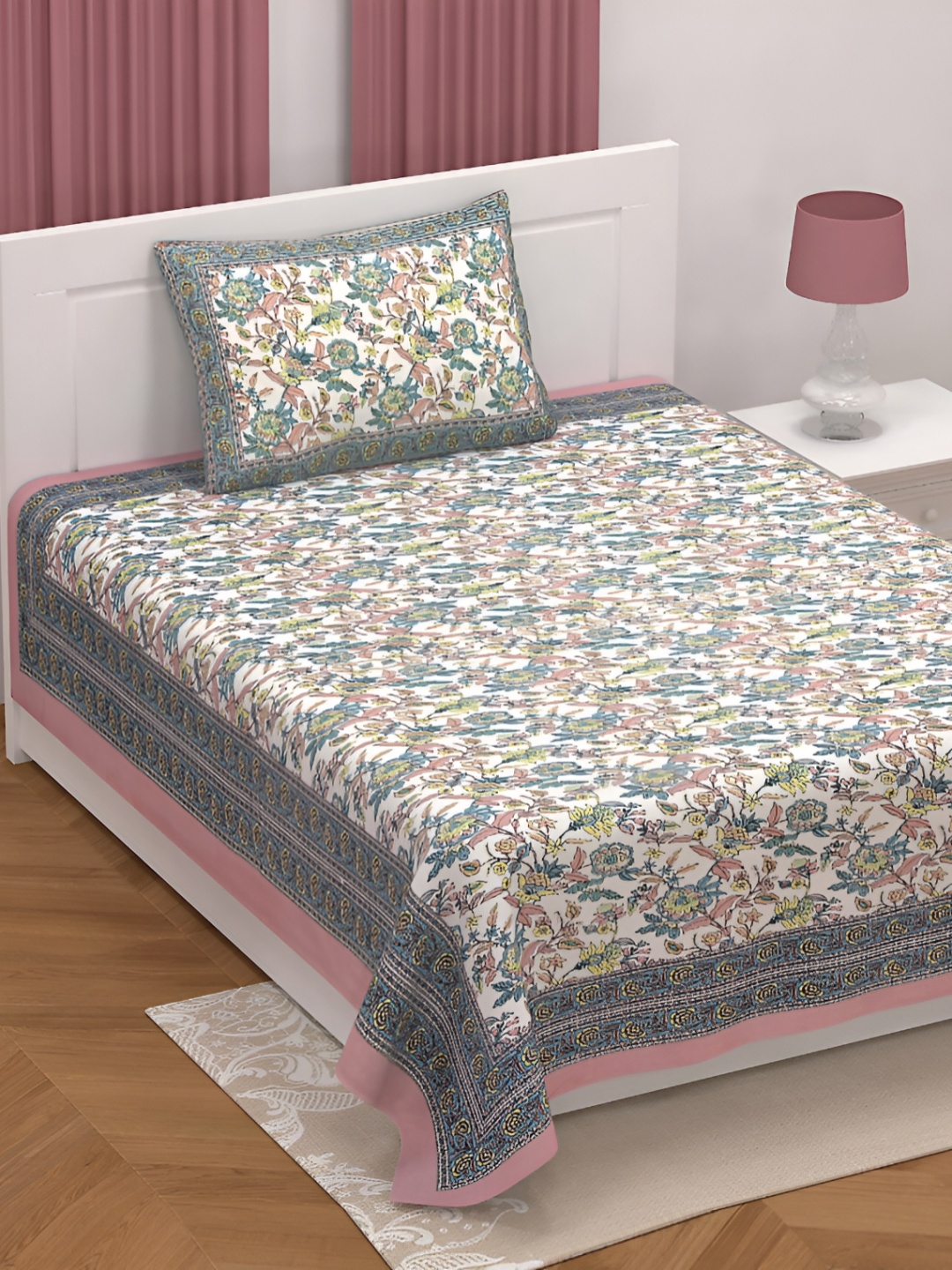 

Urban Jaipur White & Pink Floral Cotton 186 TC Single Bedsheet with a Pillow Cover